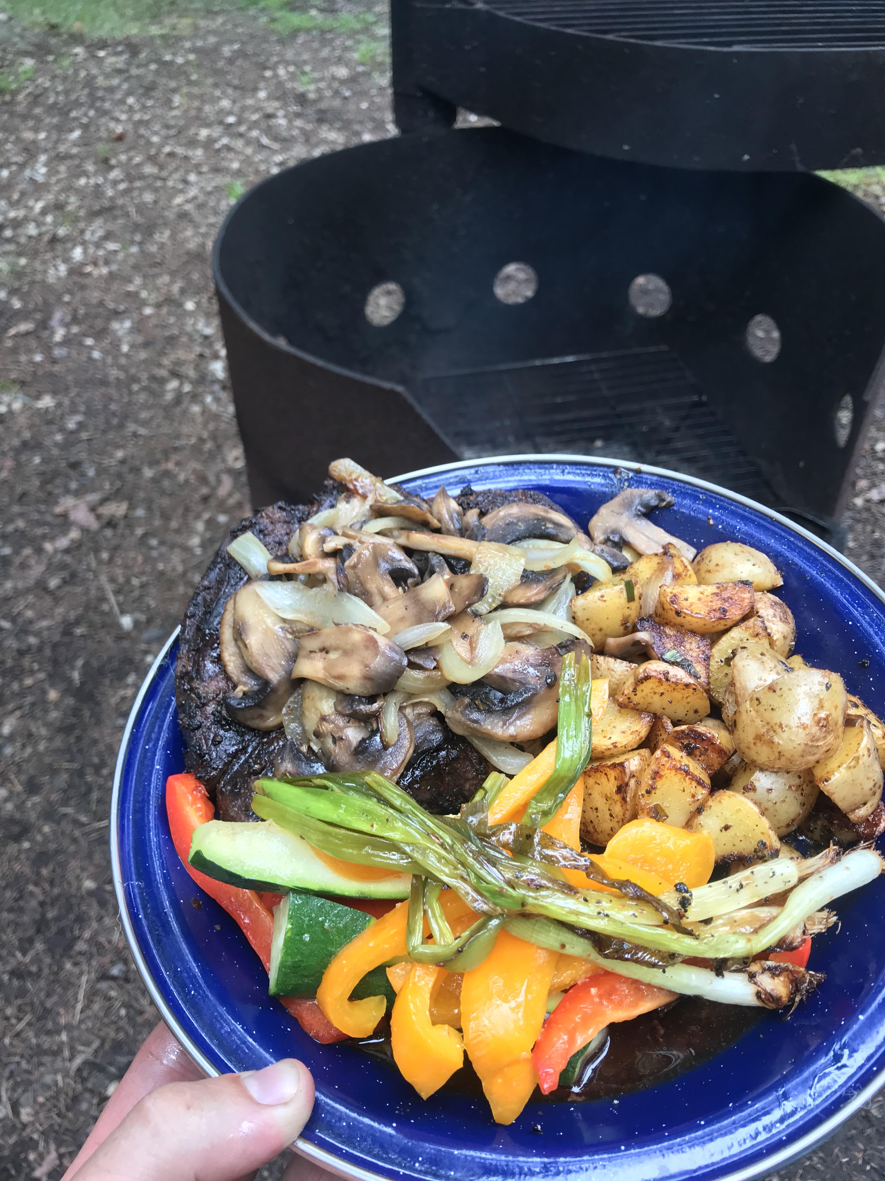 [Homemade] Camping food. Steak, veggies and potatoes. r/food