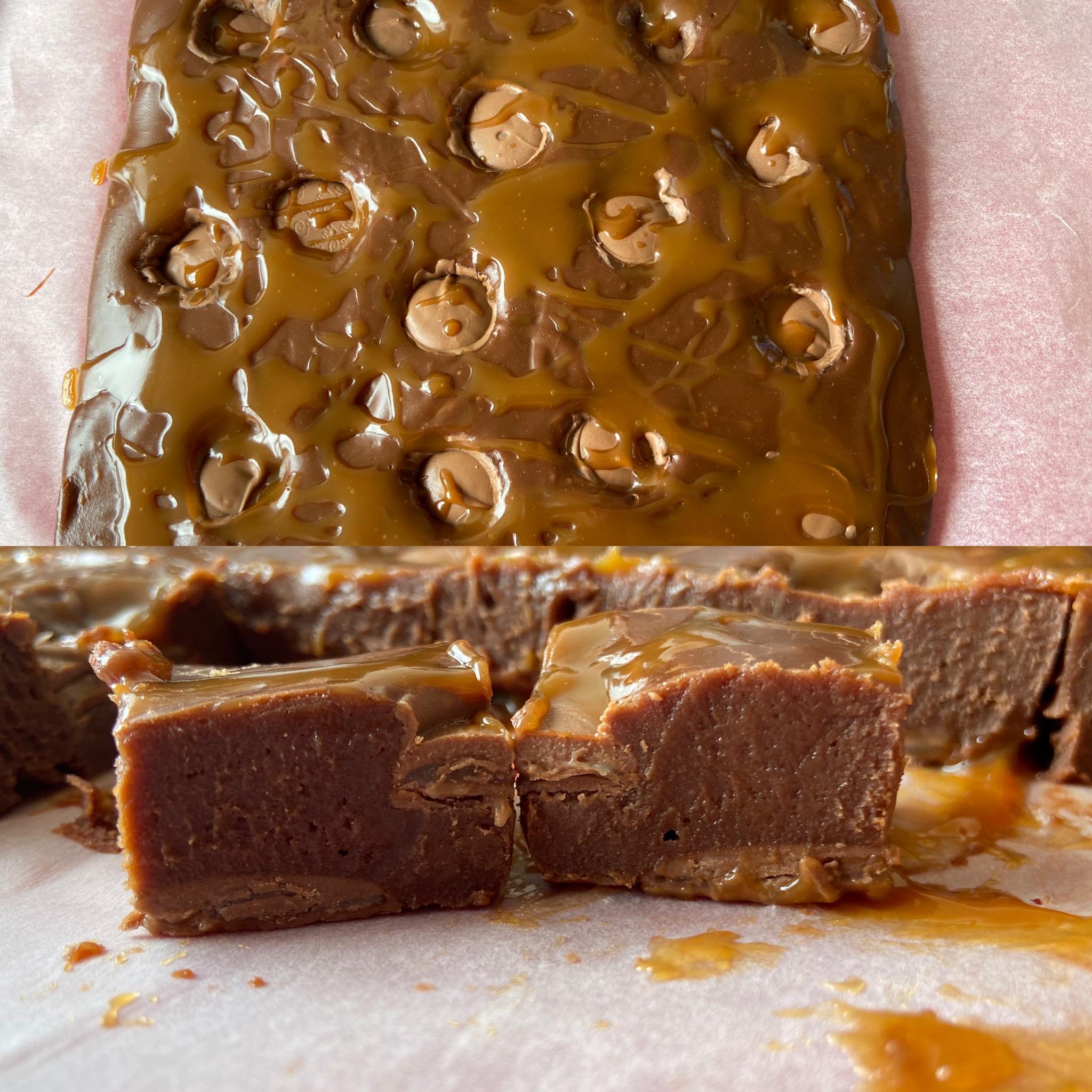 Chocolate and caramel slow cooker fudge. Salted caramel drizzled on top