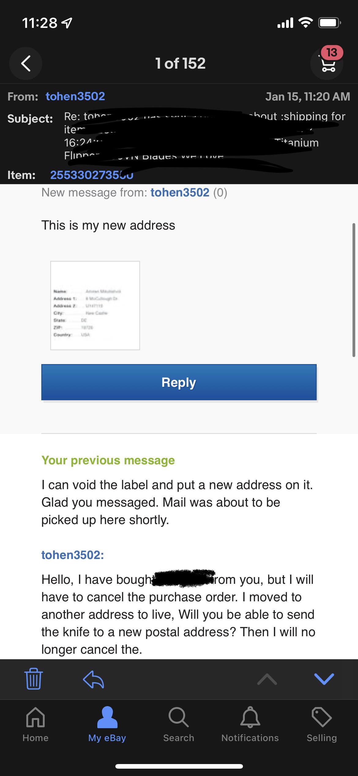 eBay scammer requests me to ship item to him instead of actual buyer