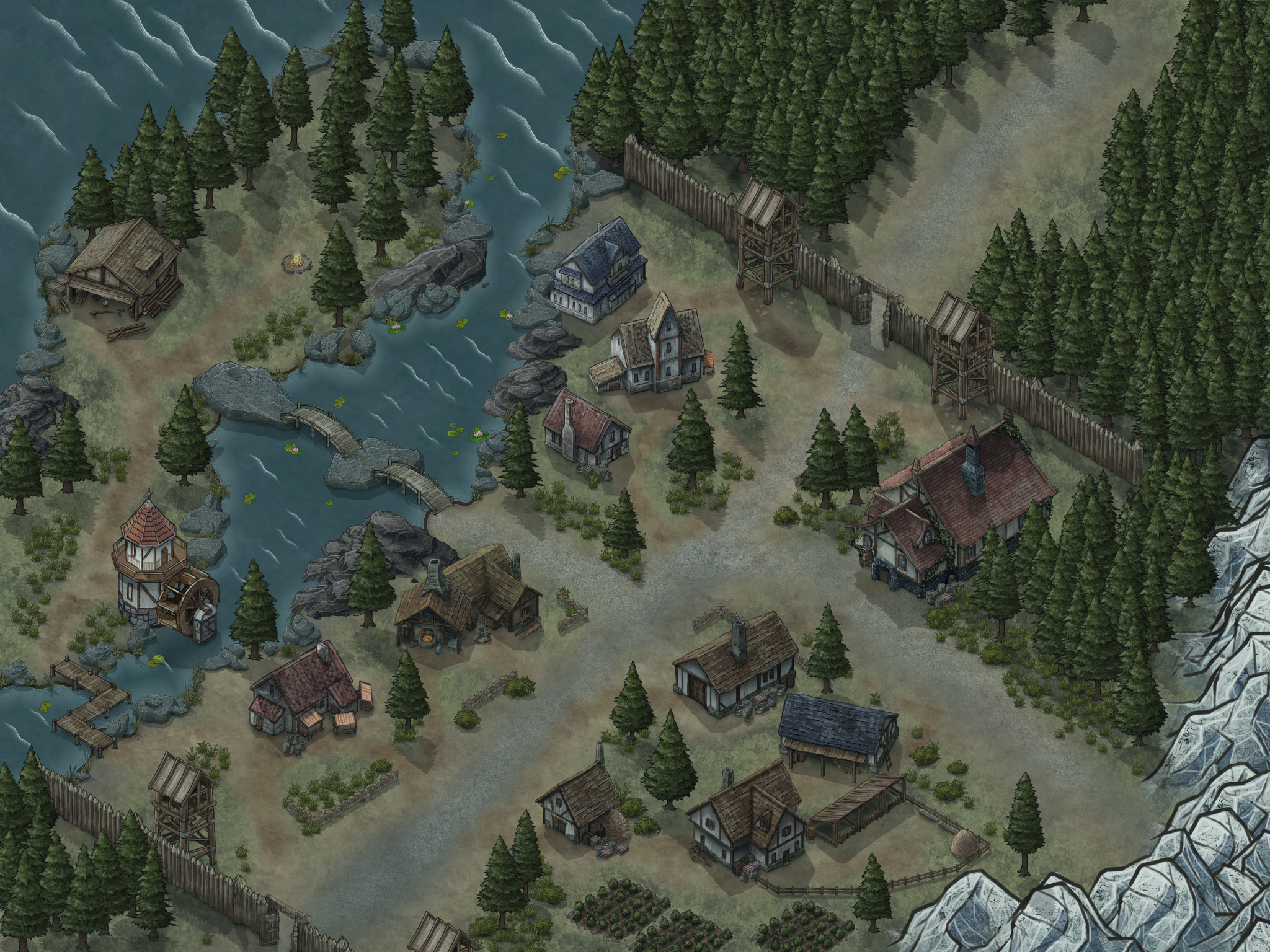 My town that's loosely based off of Riverwood of Skyrim r/inkarnate