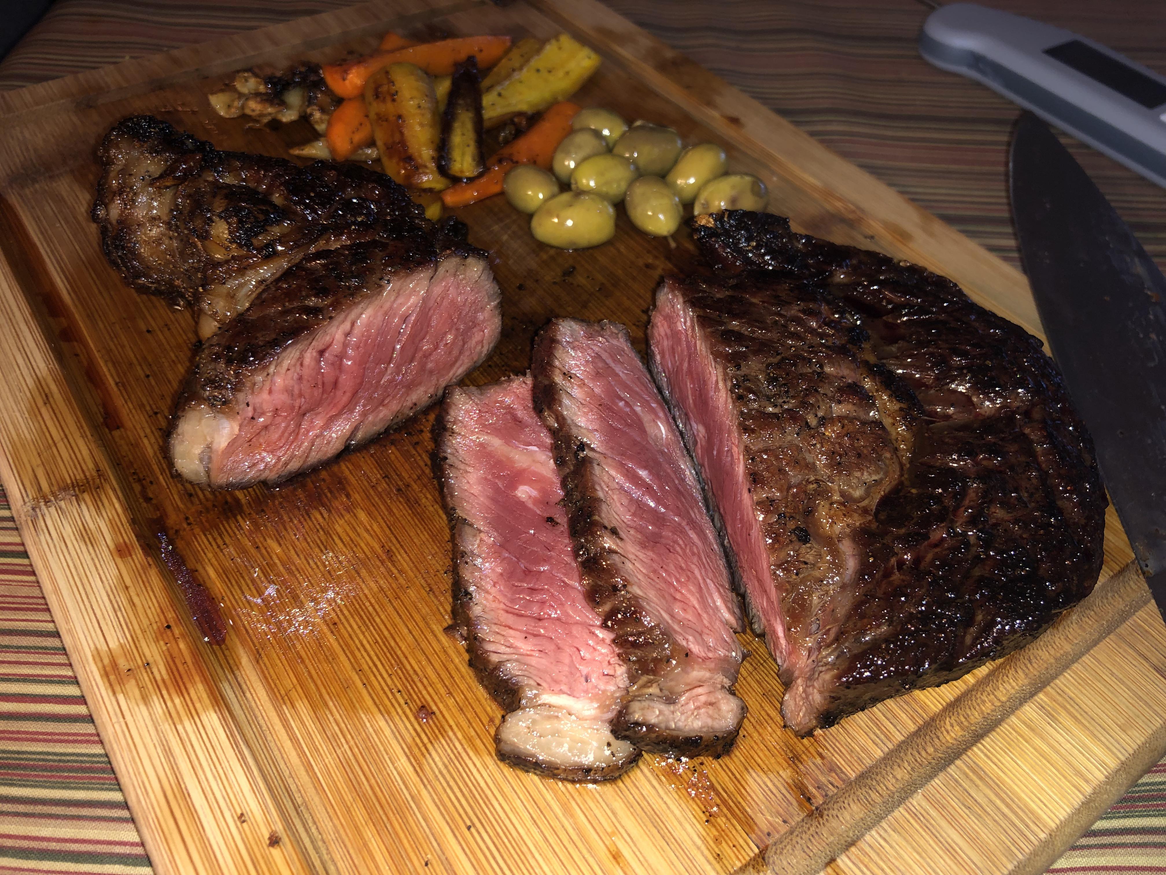 Grassfed ribeye, panfried on stainless steel pan with beef tallow r