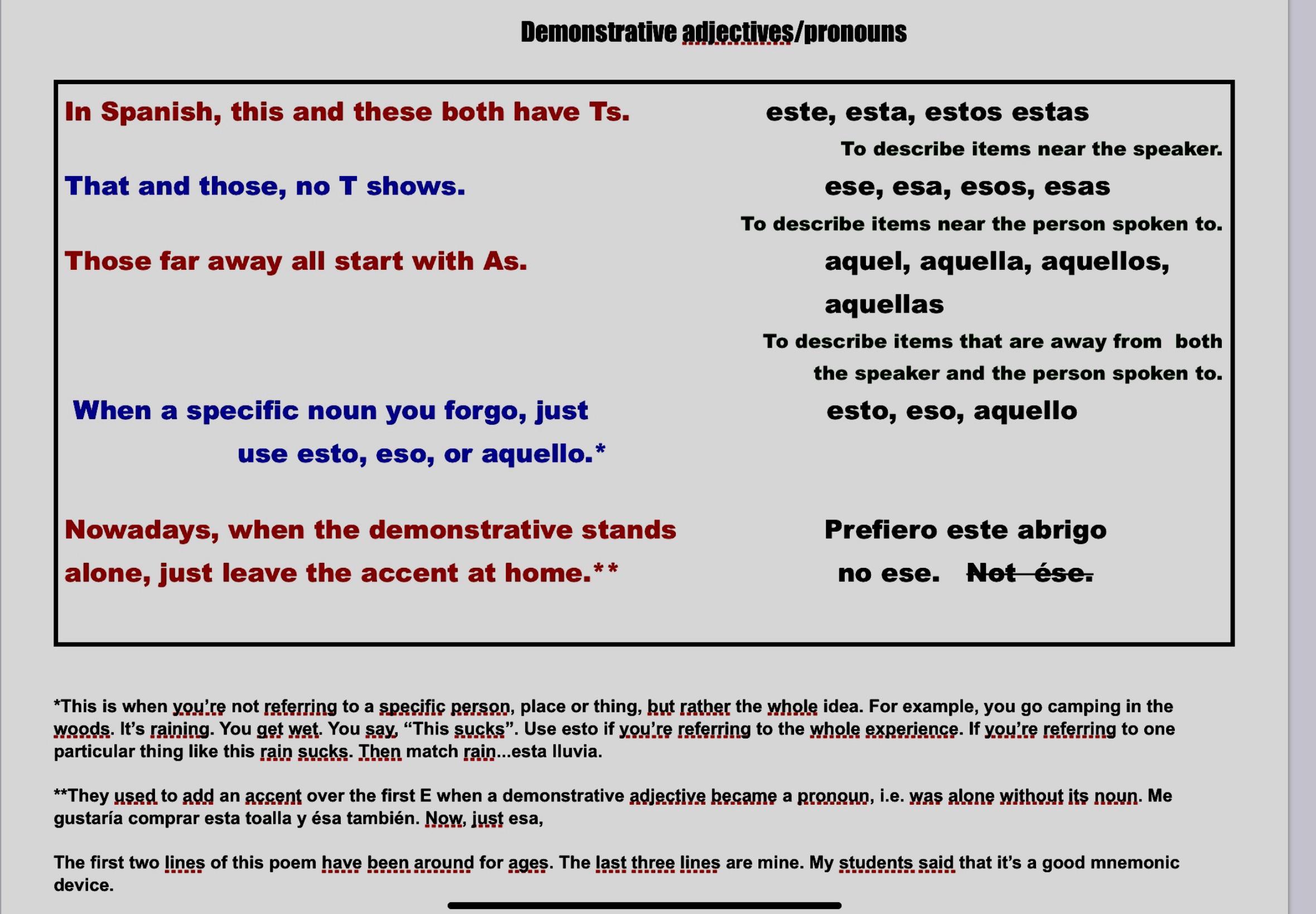 Demonstrative adjectives poem r/SpanishTeachers