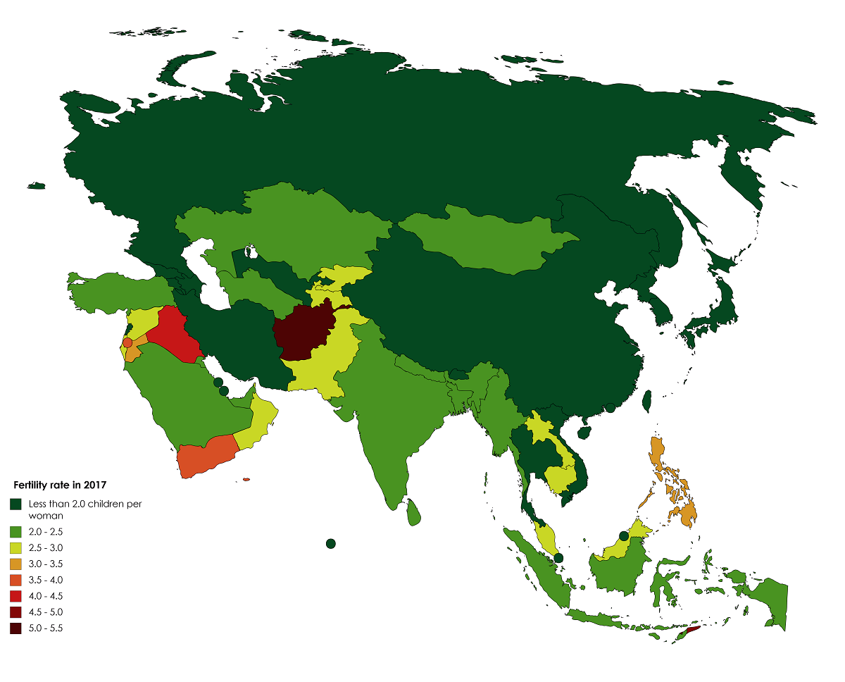 Fertility rates of Asian countries in 2017 [OC] [1200 x 968] r/MapPorn