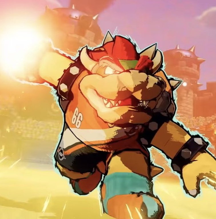 Daisy is in the game. Here's Bowser wearing her team colors. Mario