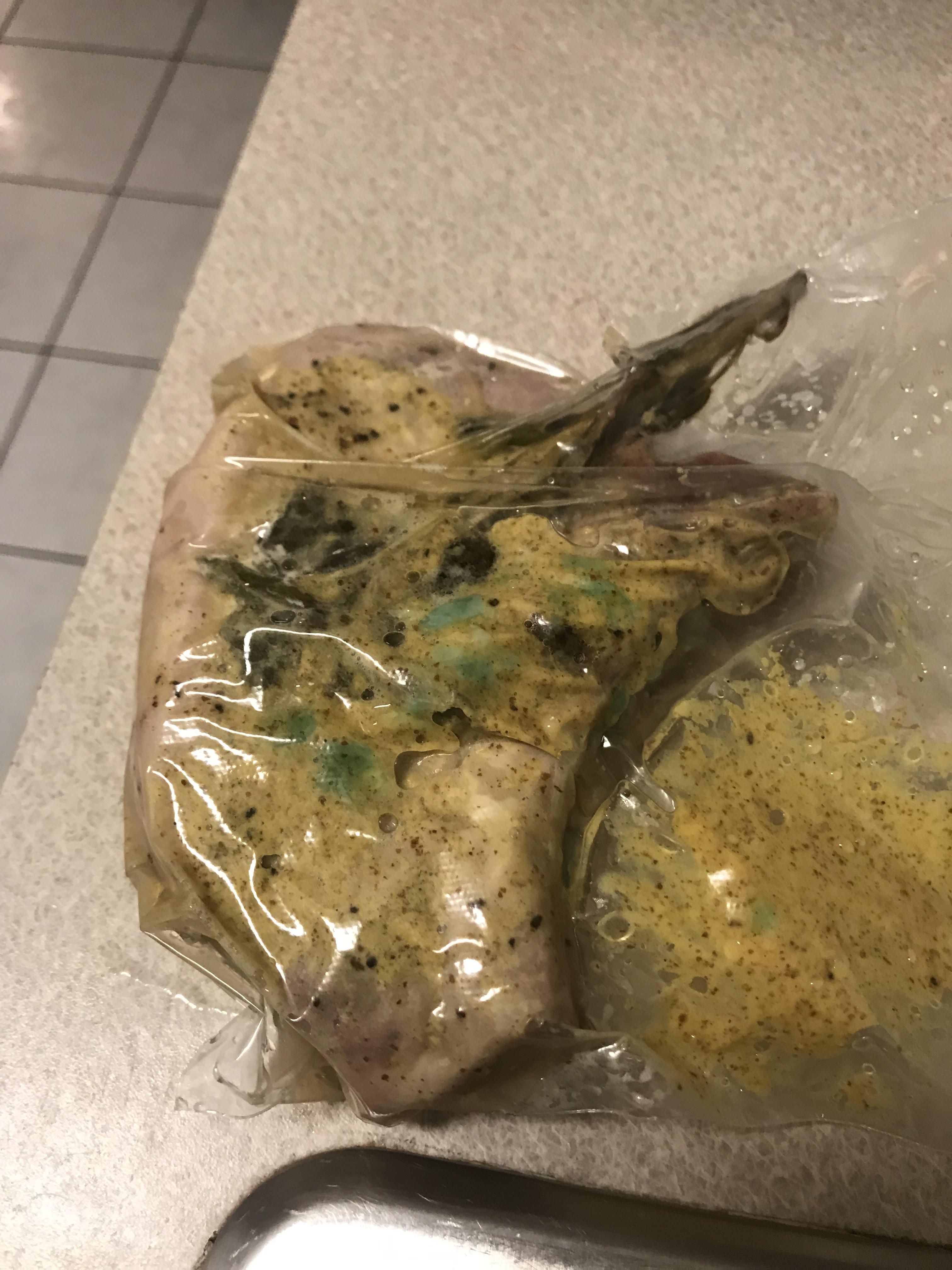 Pork chops at 136 for 2 hours. What are these green spots? Scared to