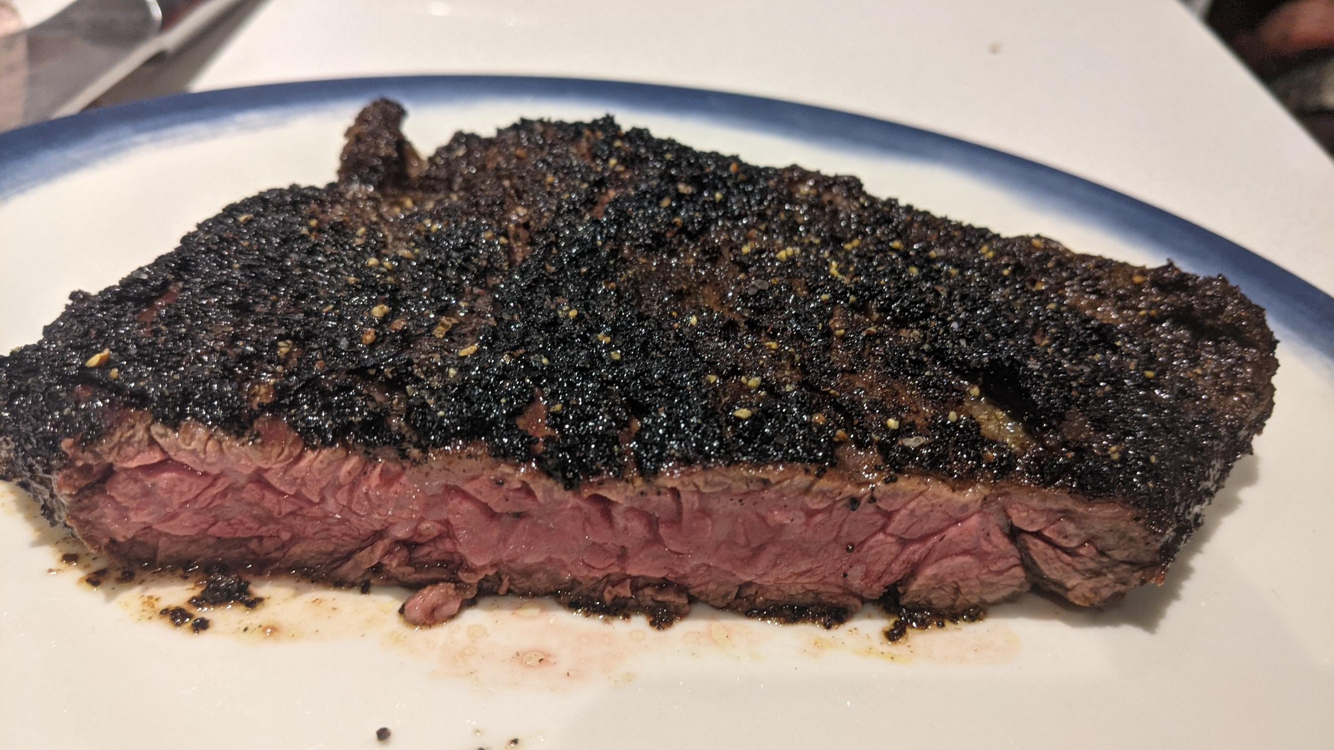 Wagyu skirt steak. Cooked on gas broiler. Used a rub with charcoal to