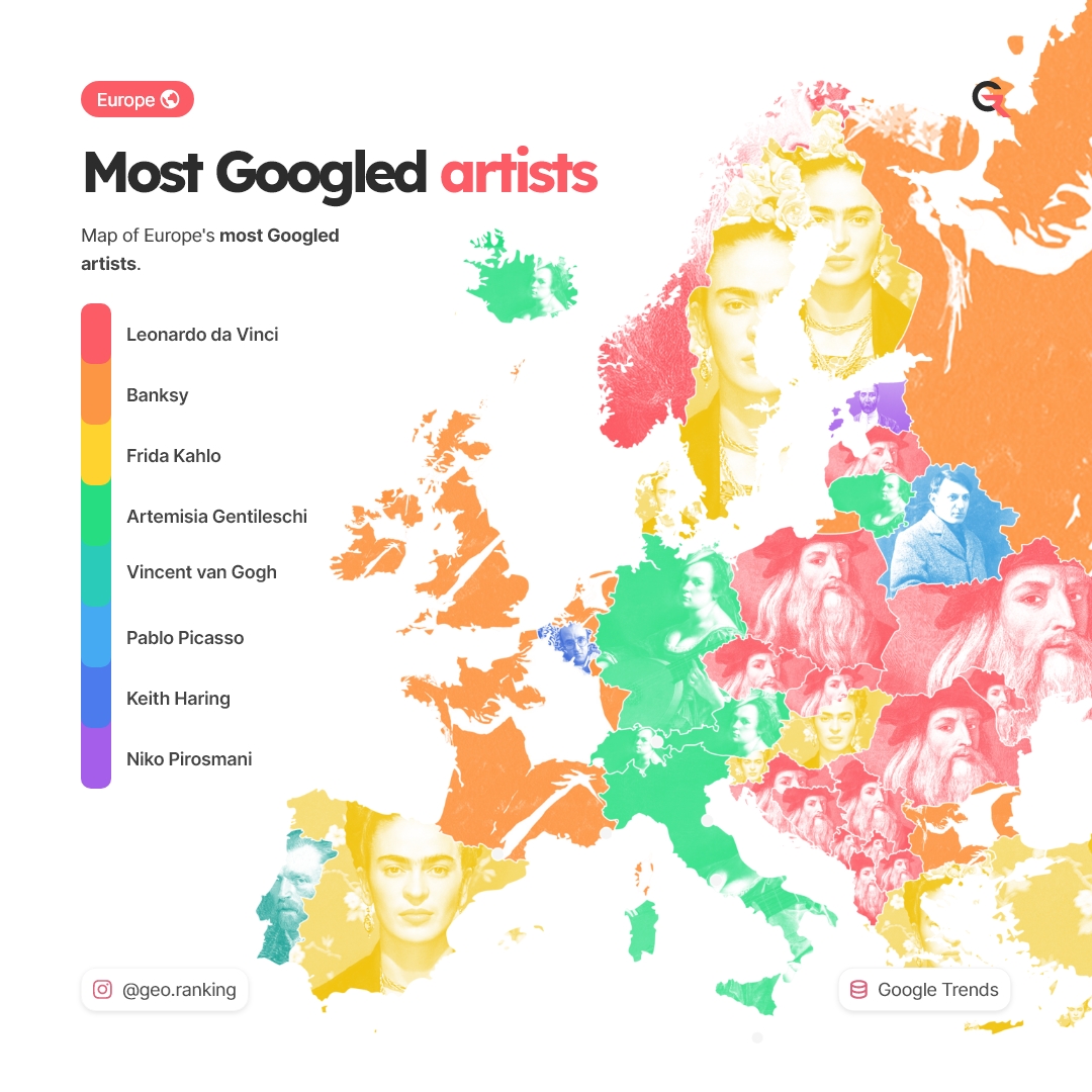 Europe's Most Googled Artists! r/MapPorn