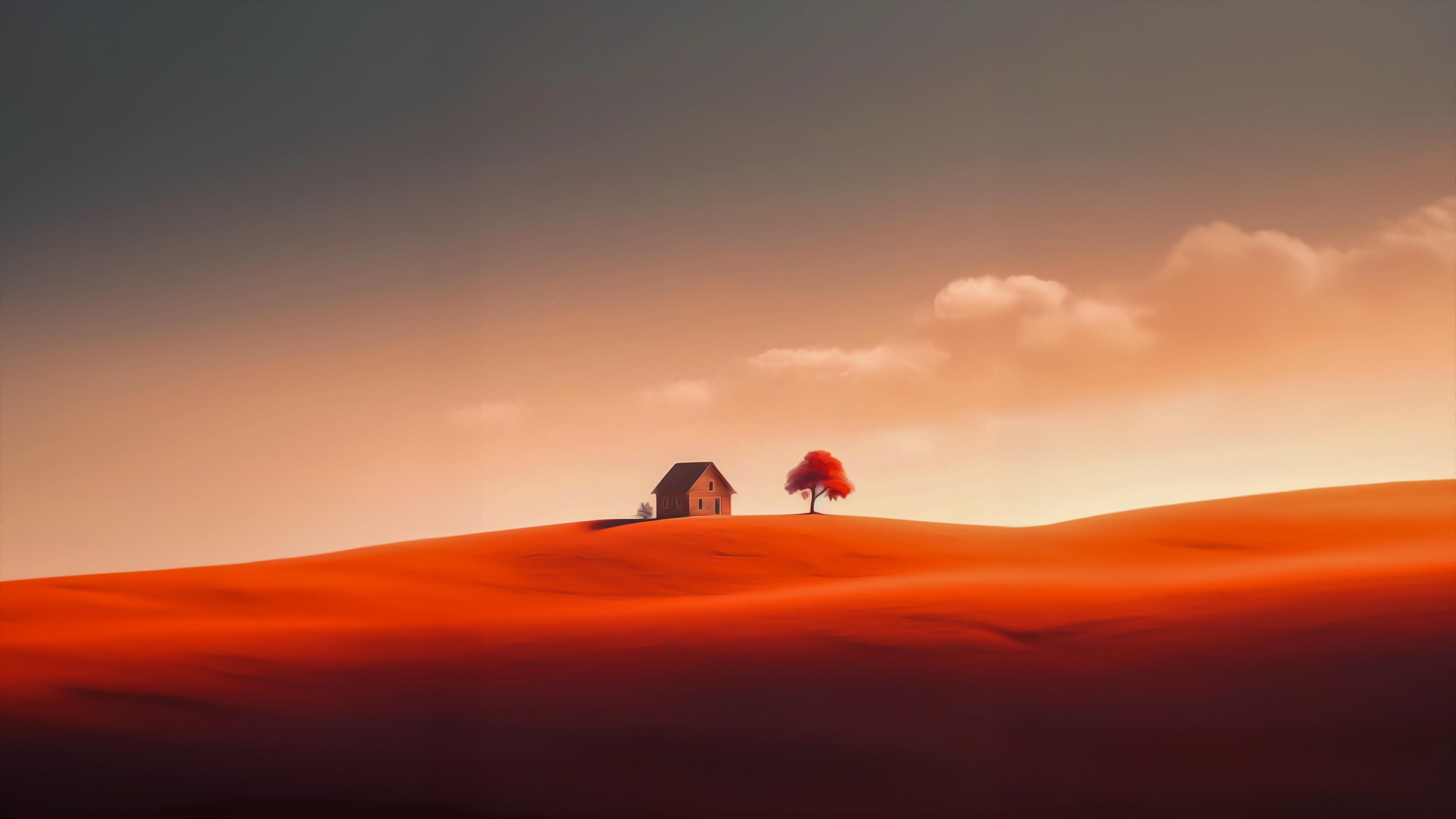 Minimalist 4K Wallpaper for PC with a Tiny House and Tree Landscape