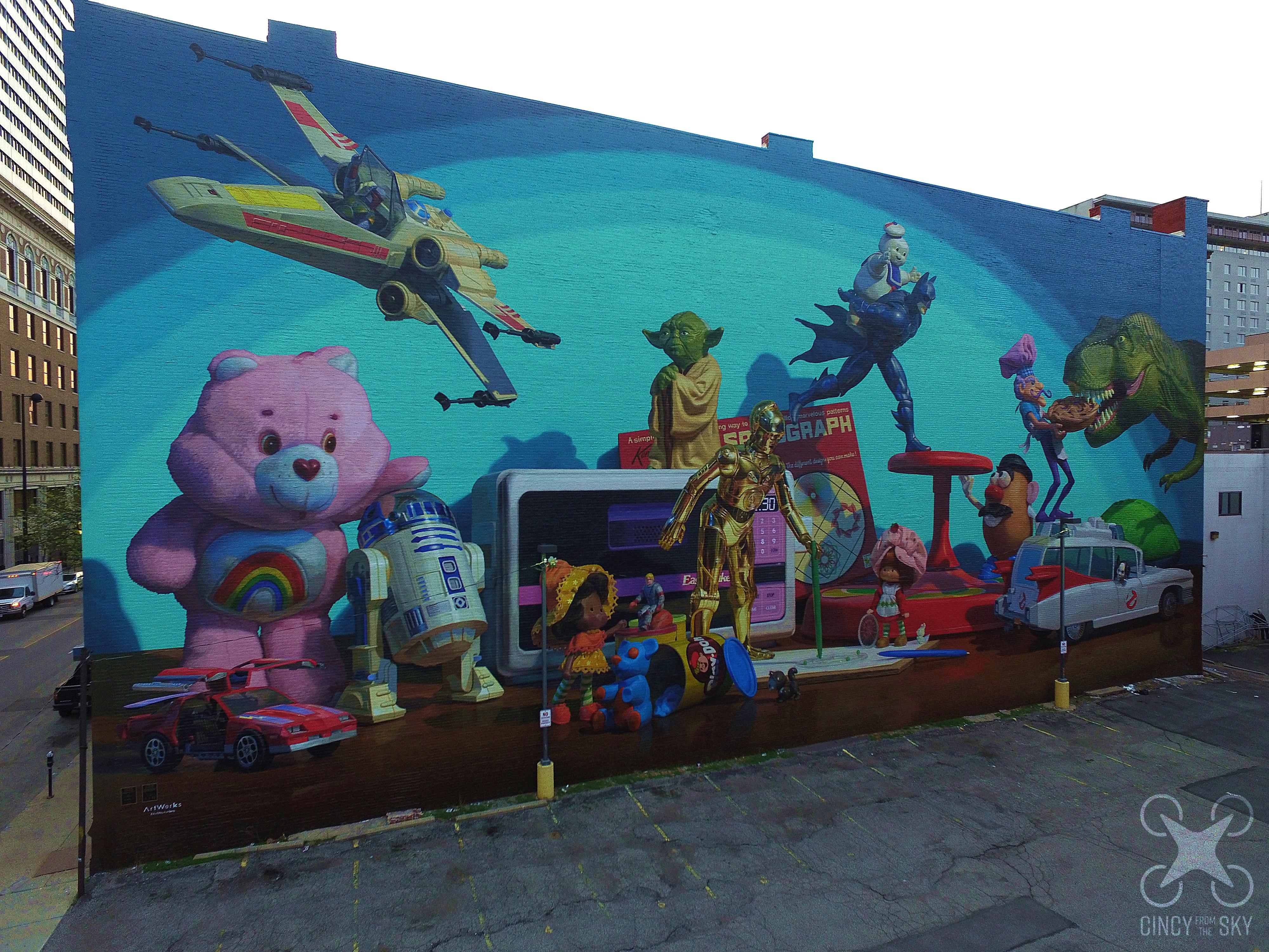 Drone shot of the Cincinnati Toy Heritage Mural r/cincinnati
