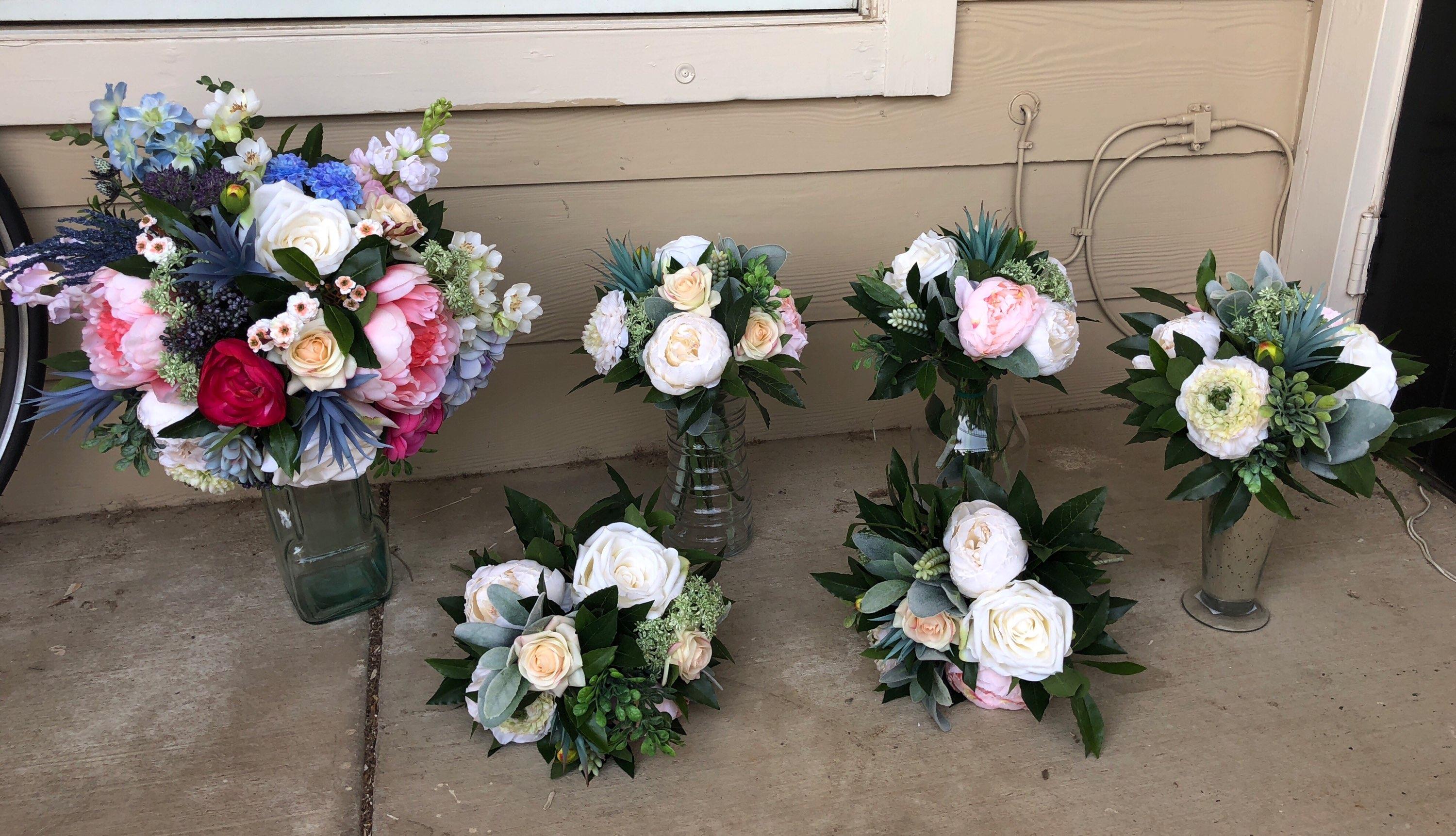 Latest "drafts" of my DIY silk bridal bouquet and bridesmaids bouquets