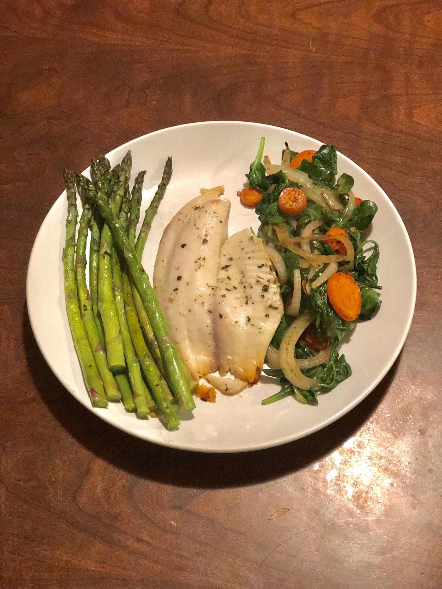 Tilapia Fillet with Asparagus & Sautéed Spinach with Carrots and