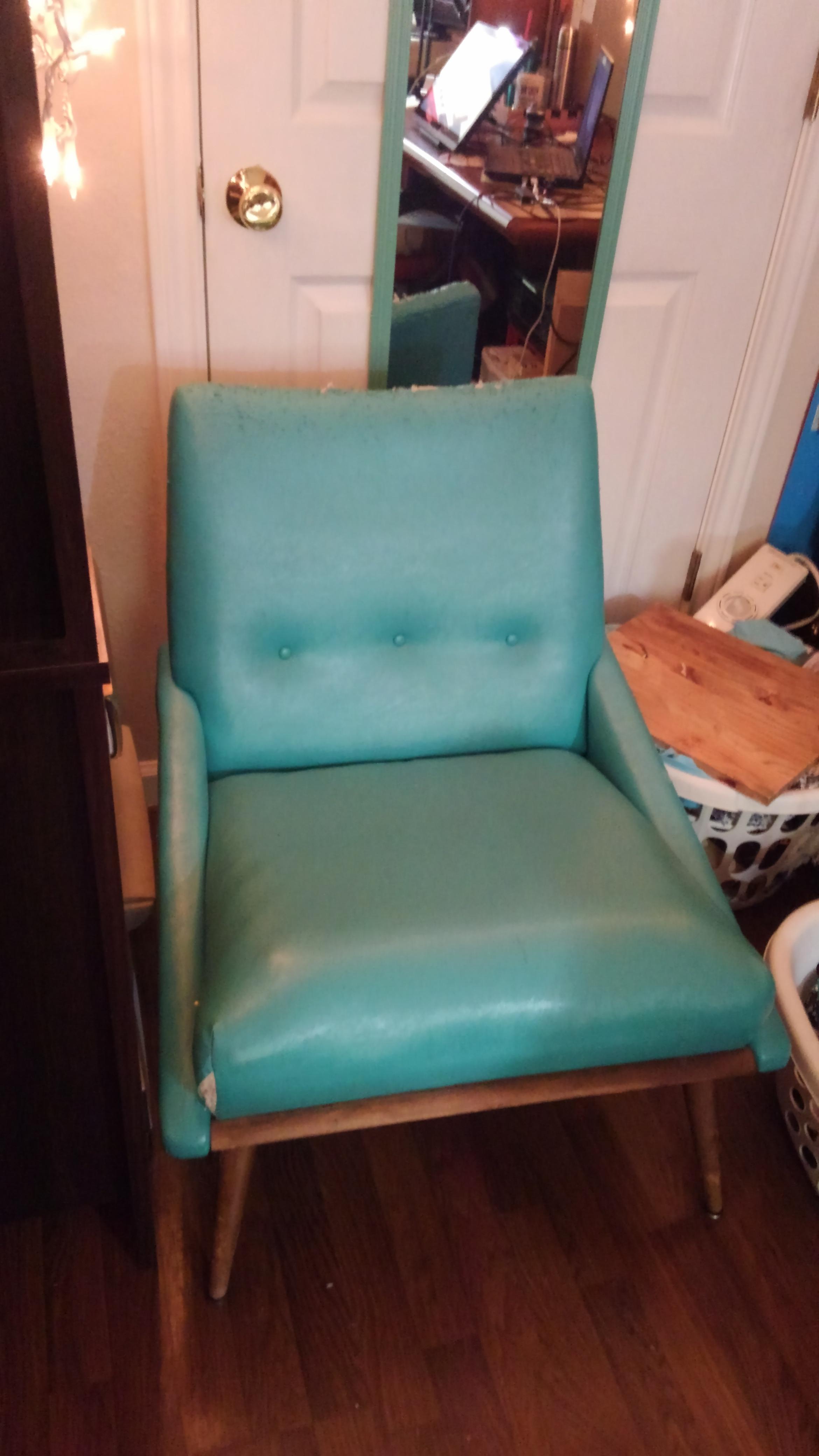 Mystery chair with spring bottom and fake leather needs reupholstering