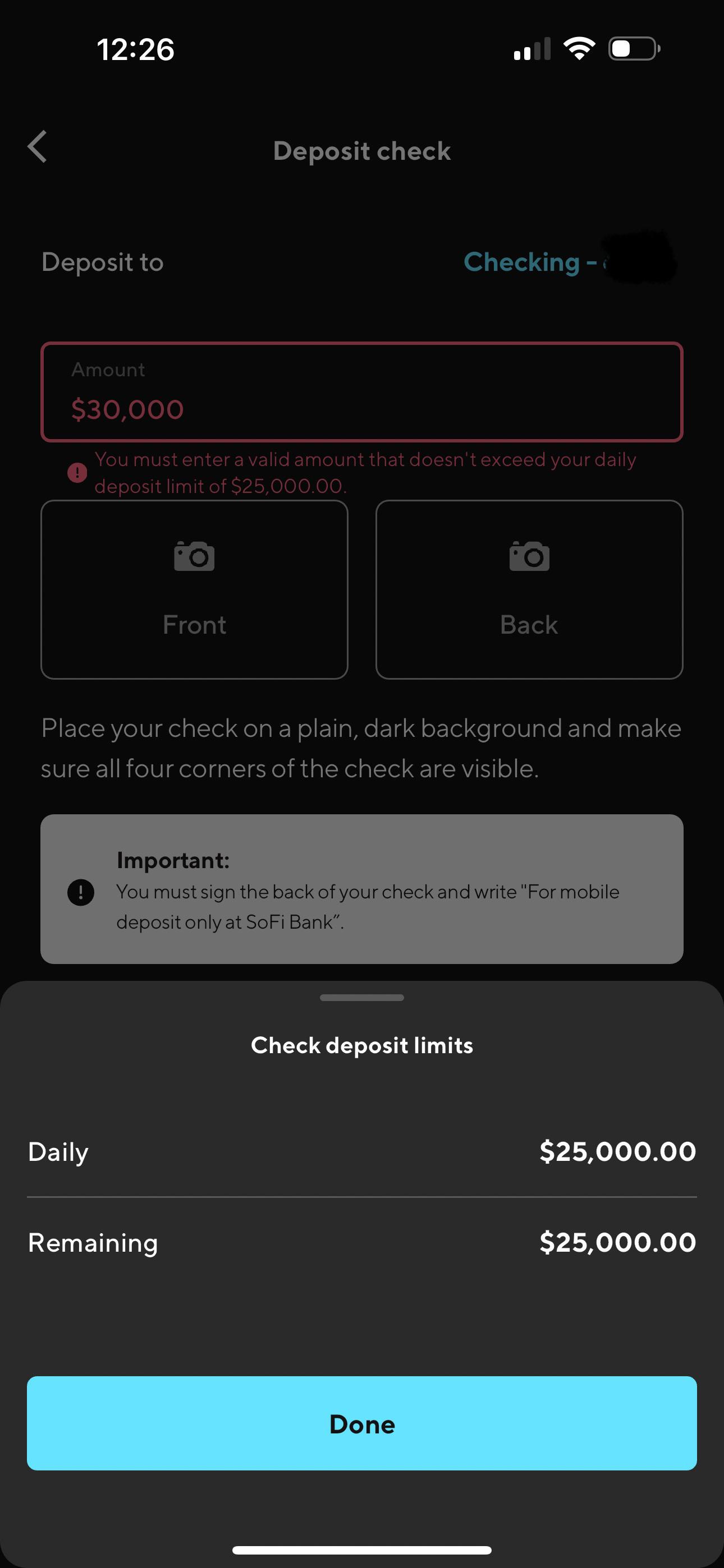 mobile check deposit limit r/sofi