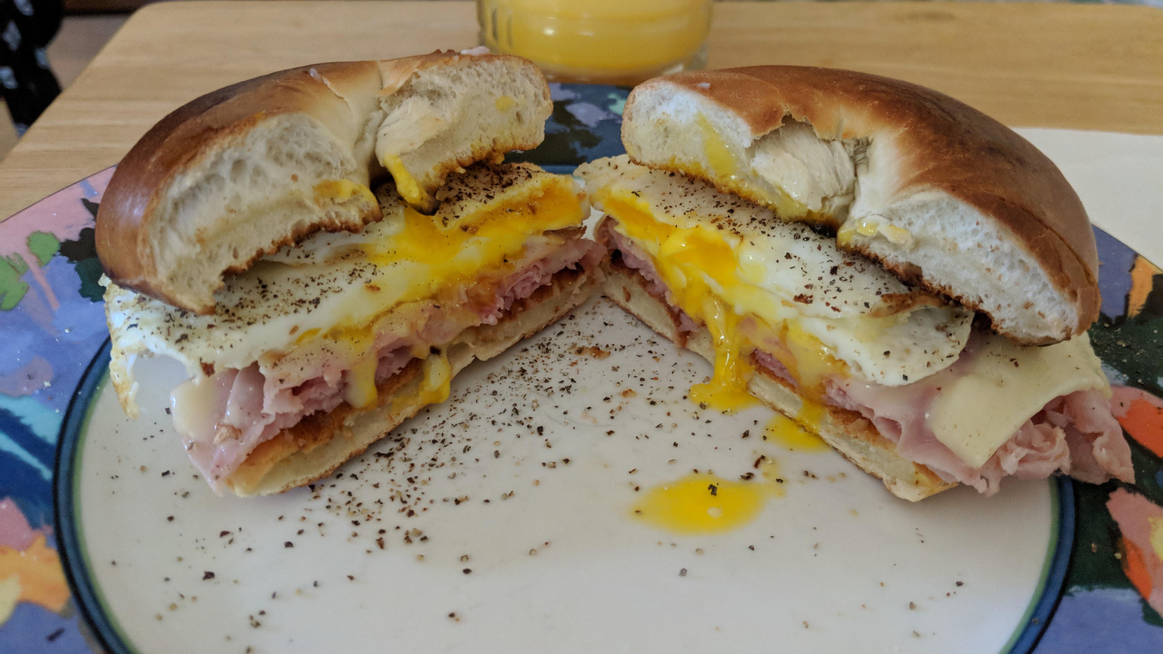 SomeBabble [Homemade] Ham, Egg and Cheese on a Toasted Bagel with sea