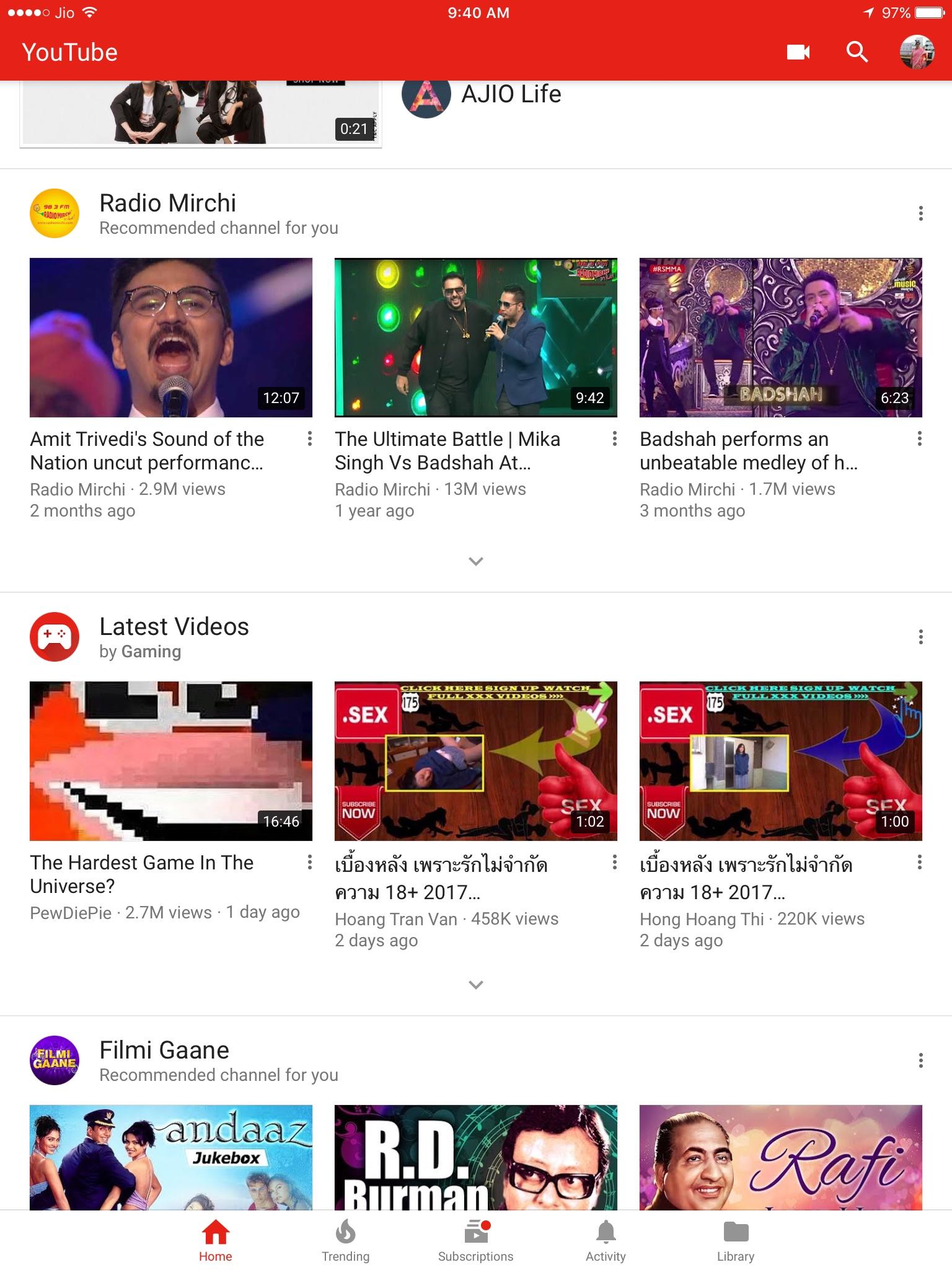 Porn channels are being shown on front page of YouTube. : youtube