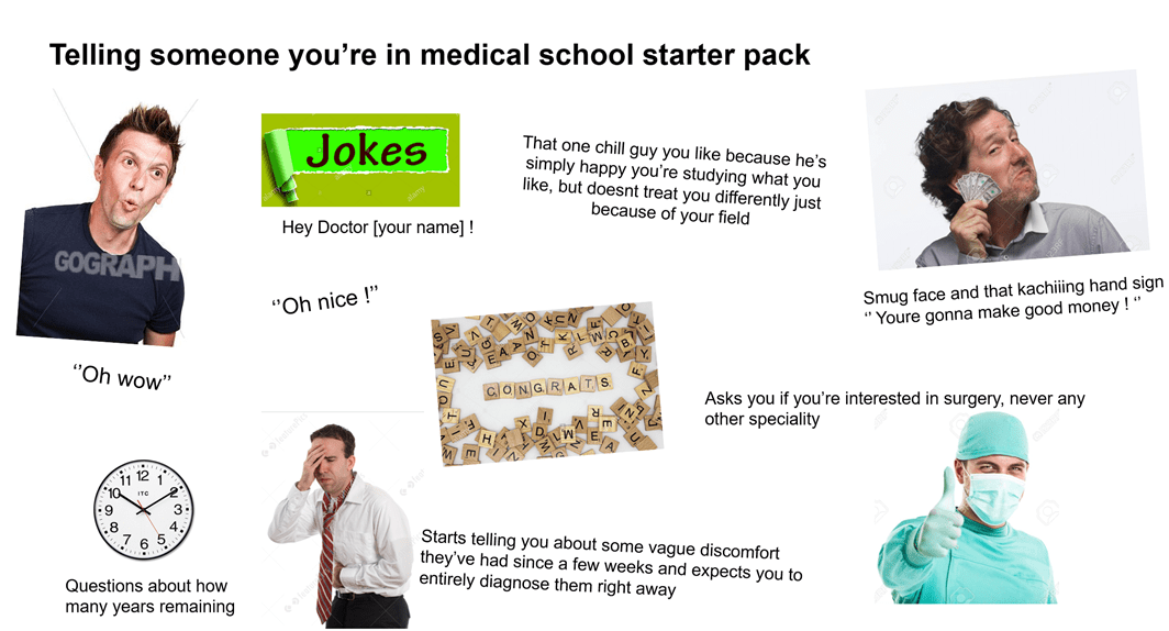 Telling someone you're in med school starter pack [Meme] r/medicalschool
