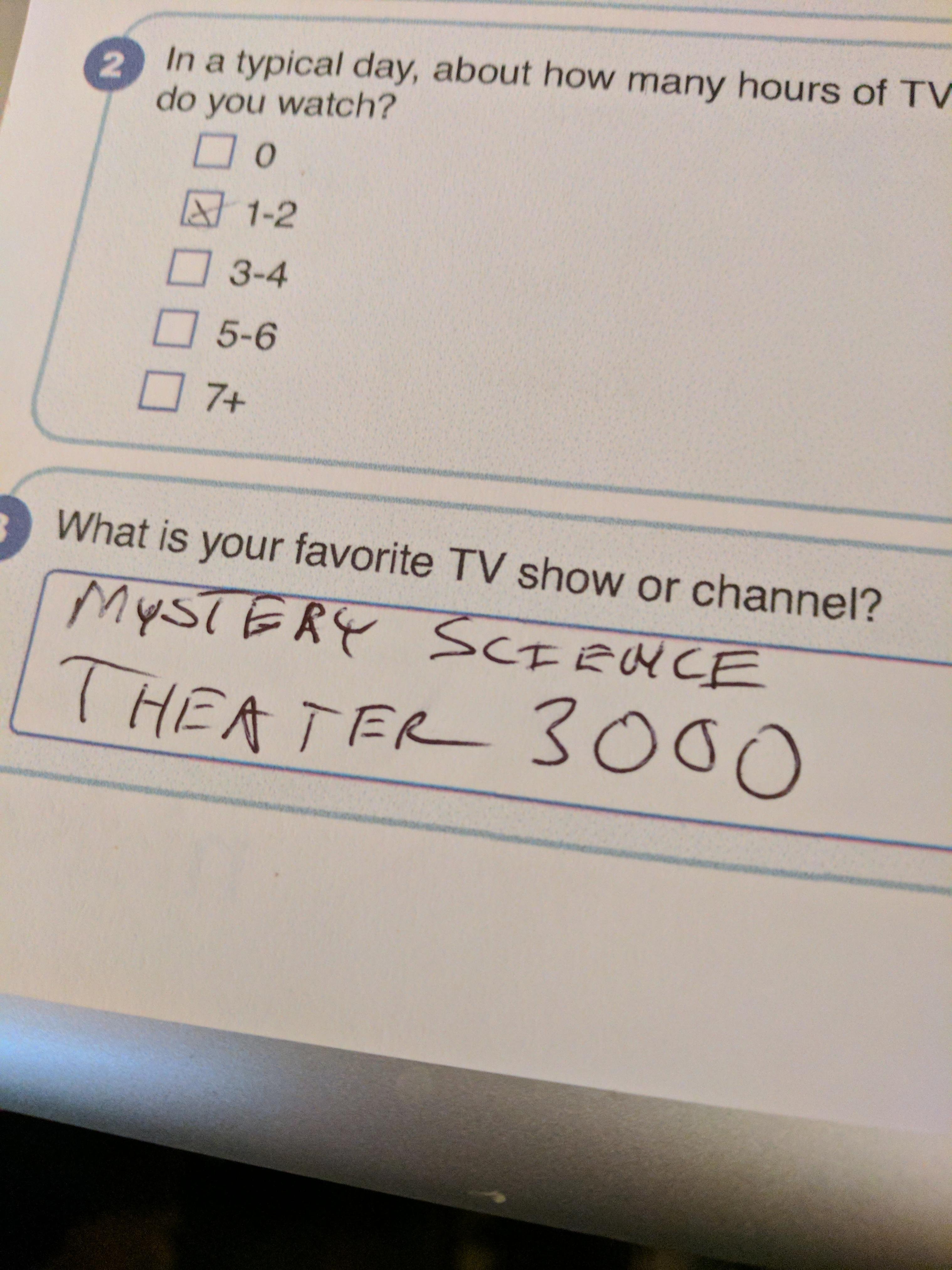 I got a Nielsen survey (Sorry for the serial killer handwriting) r/MST3K