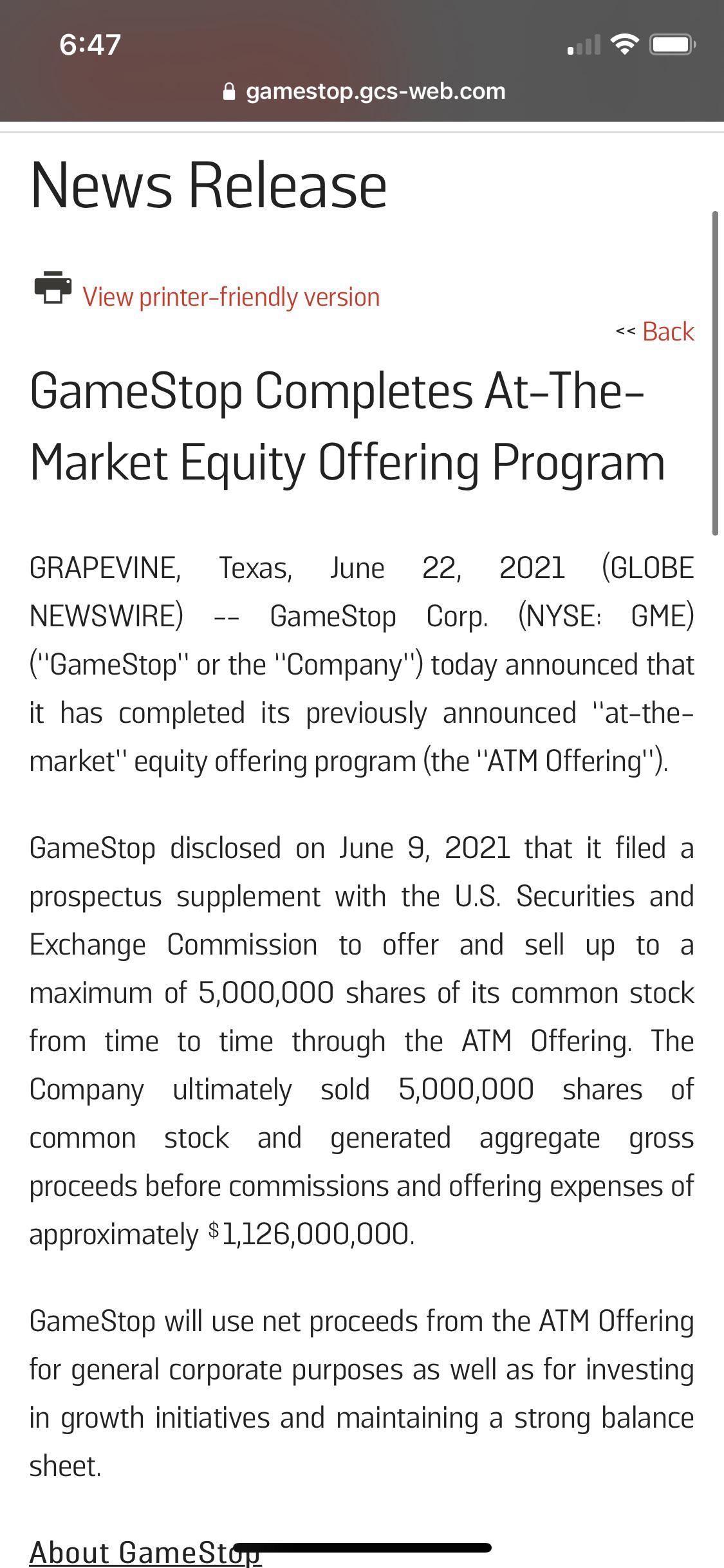 GameStop Completes AtTheMarket Equity Offering Program!!! r/Superstonk