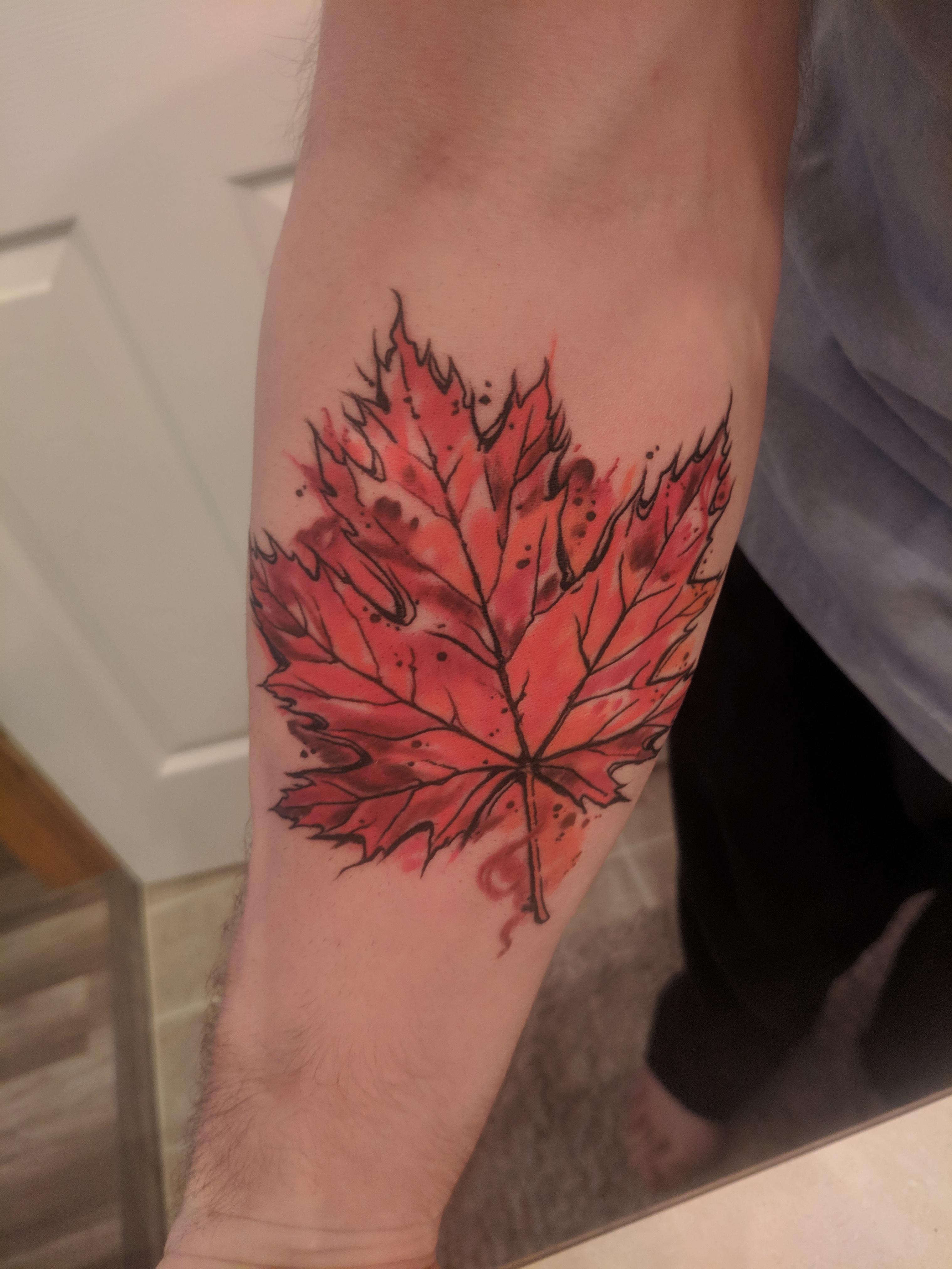 My Maple leaf done by Jacob shivengri at atomic zombie Edmonton tattoos