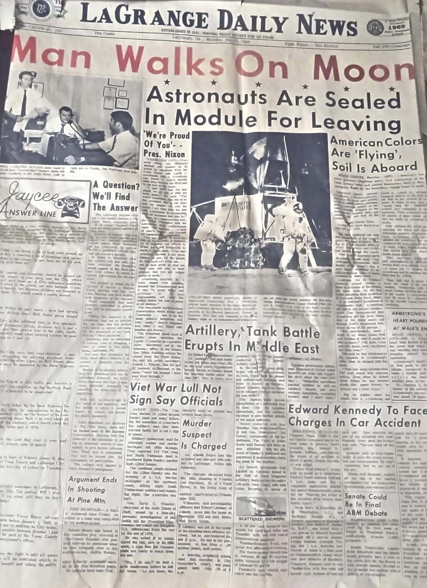 Man walks on moon newspaper. Lagrange Daily News 1969 r/lagrange