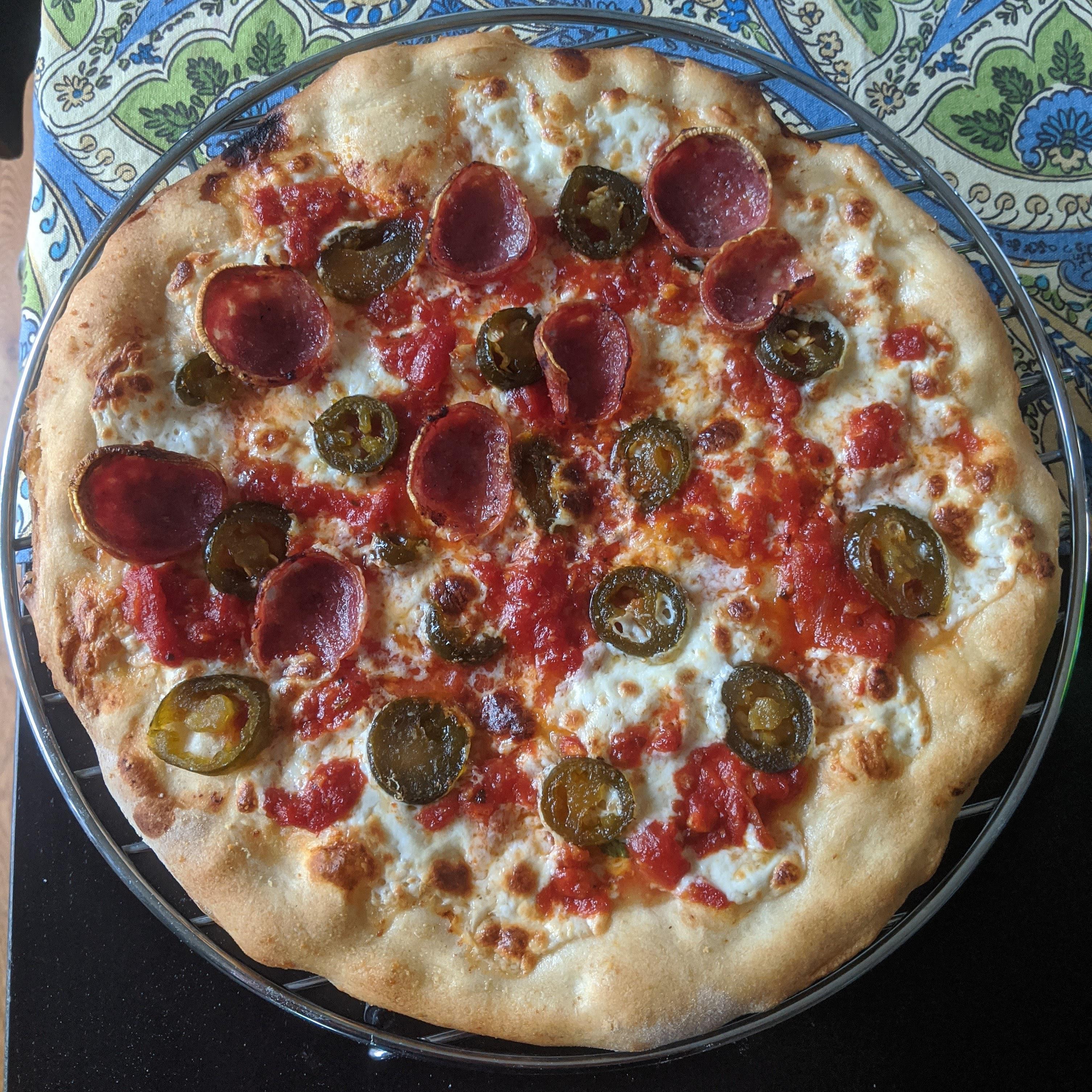 [Homemade] Pizza topped with Soppressata (half) & Pickled Jalapenos r