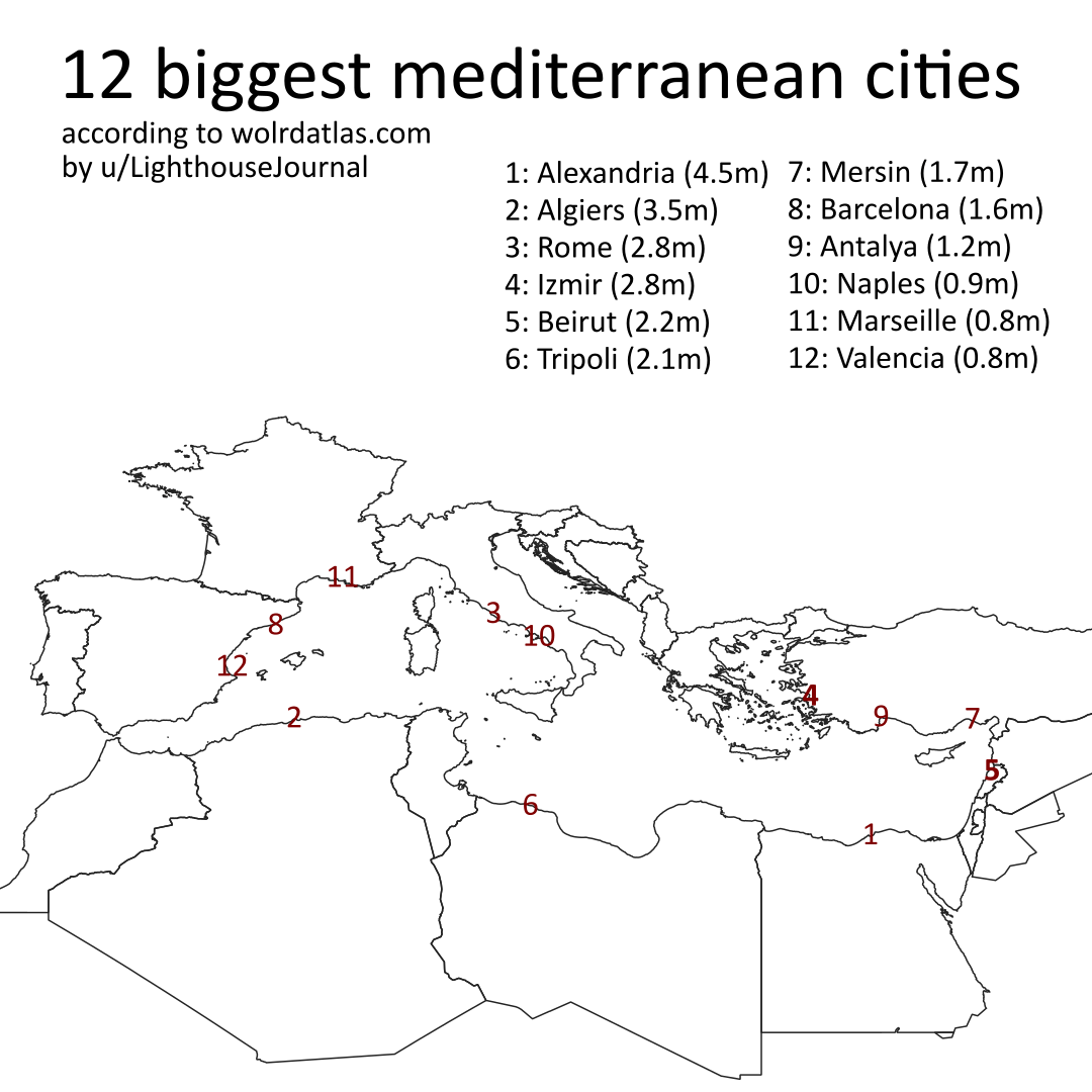 12 biggest Mediterranean cities according to r/MapPorn