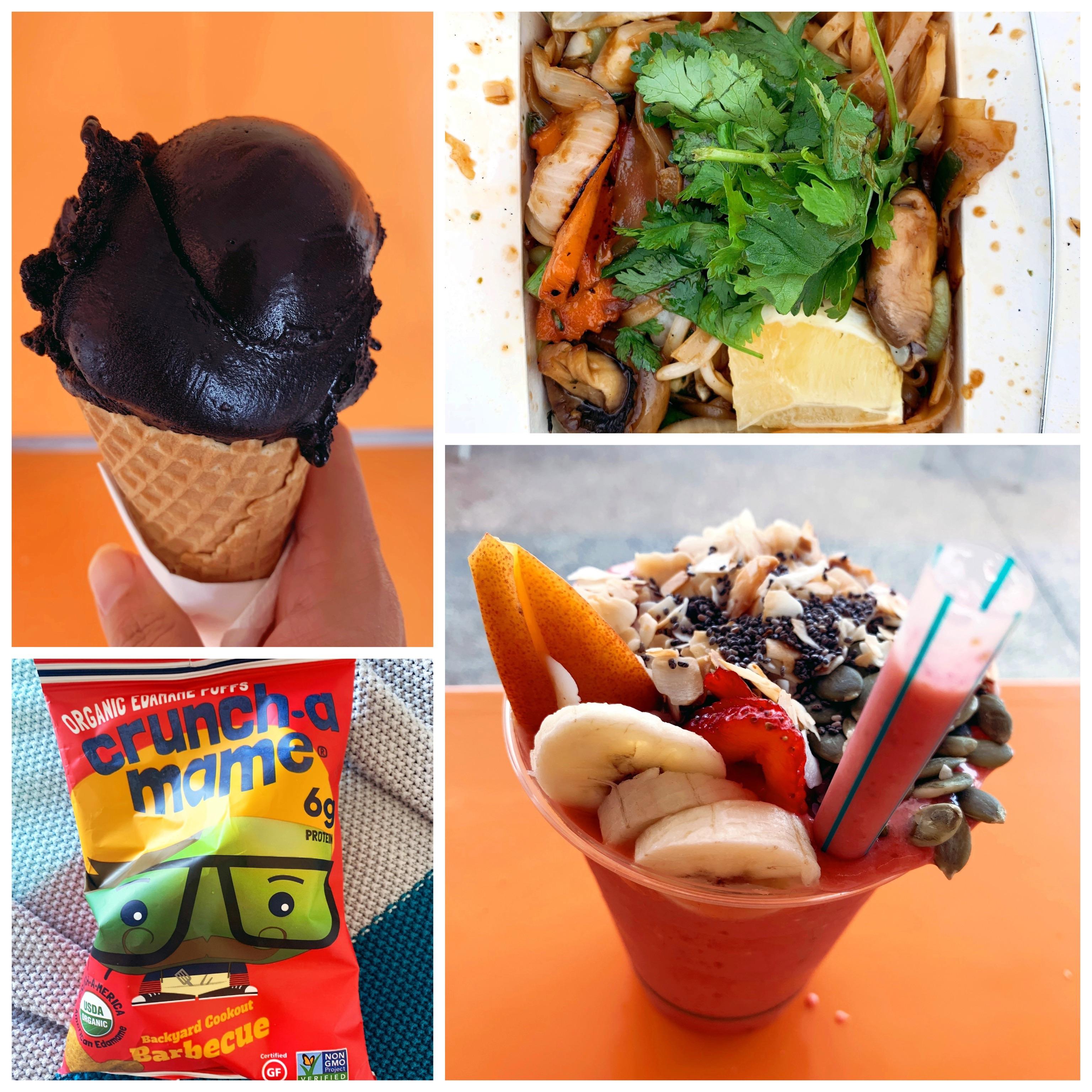 Charcoal, chocolate & coconut ice cream. Stir fried veggies, tofu