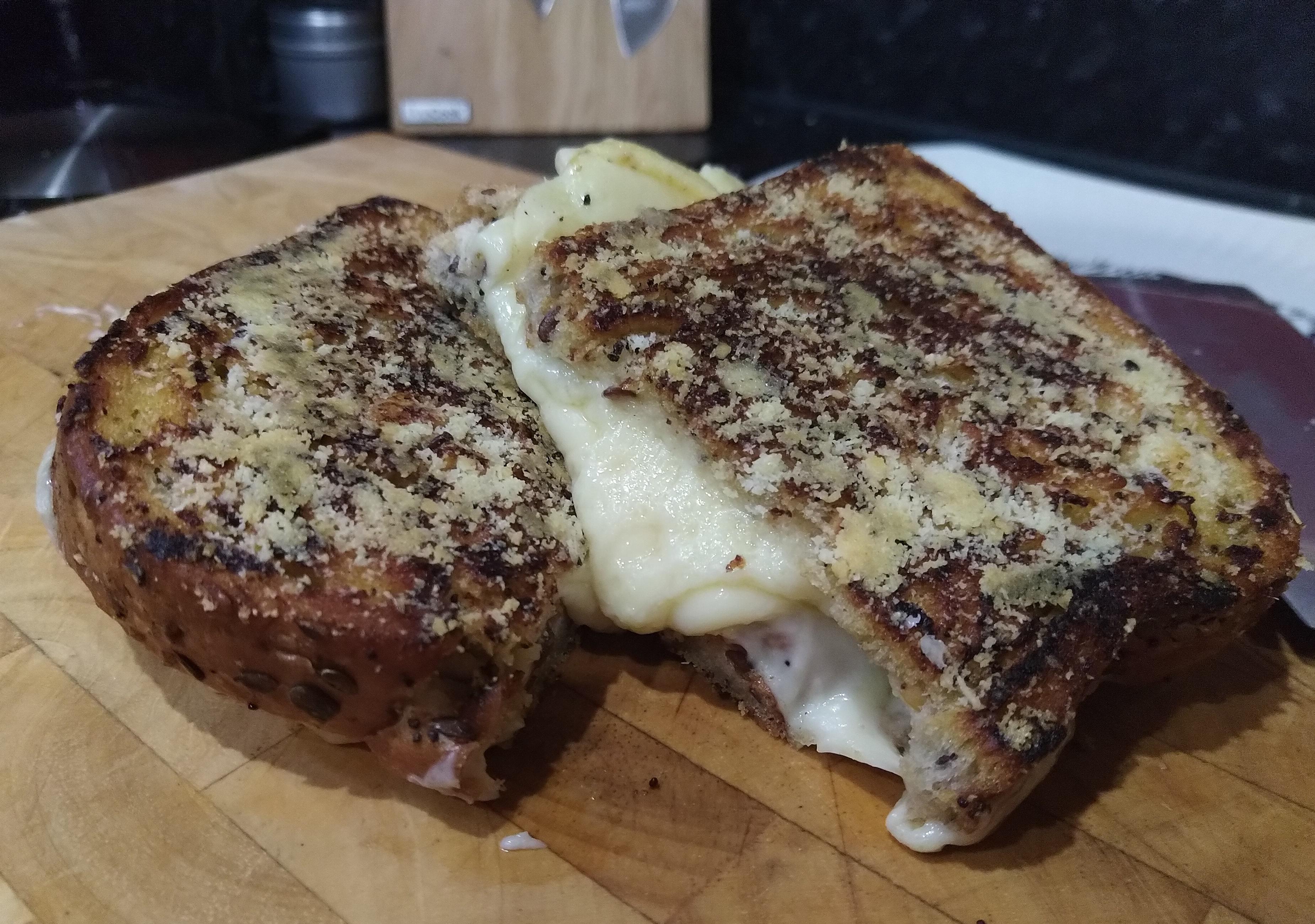 Swiss and Cheddar on Honey Soaked Seeded Loaf with Parmesan Crust r