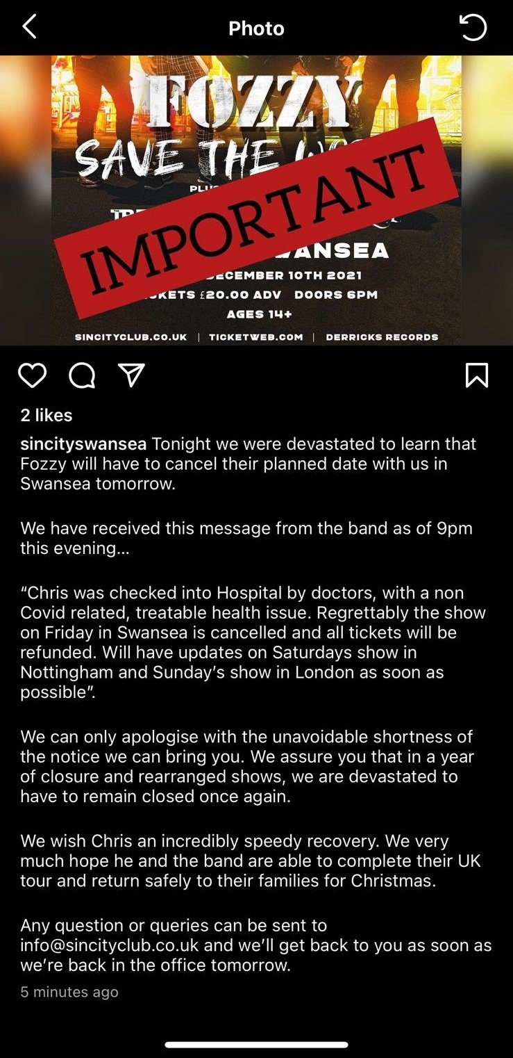 Chris Jericho apparently hospitalised, Fozzy show in Swansea cancelled
