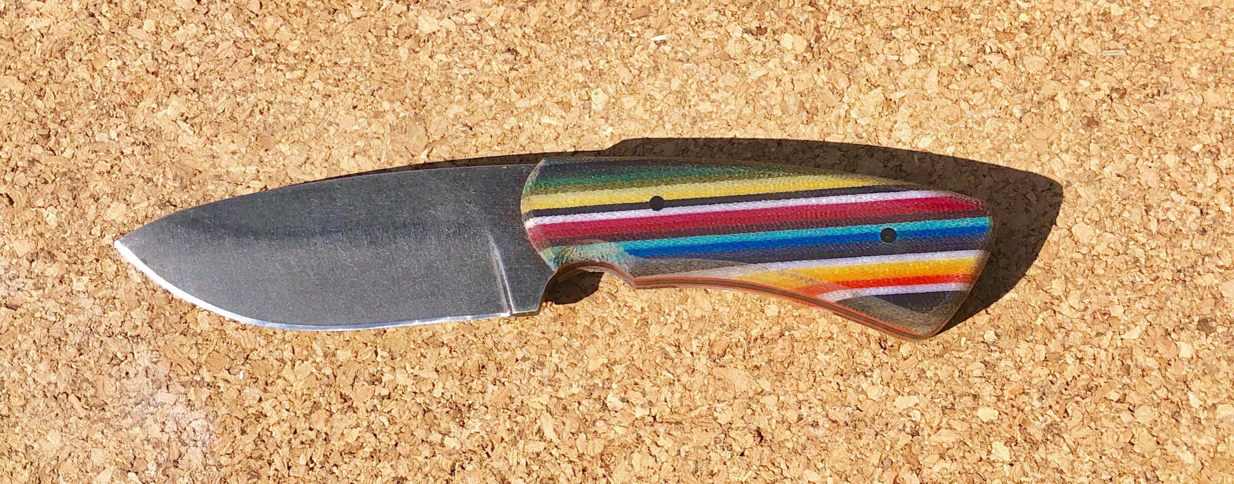 1095 Droppoint, acid etched, stonewashed, with Mexican blanket micarta