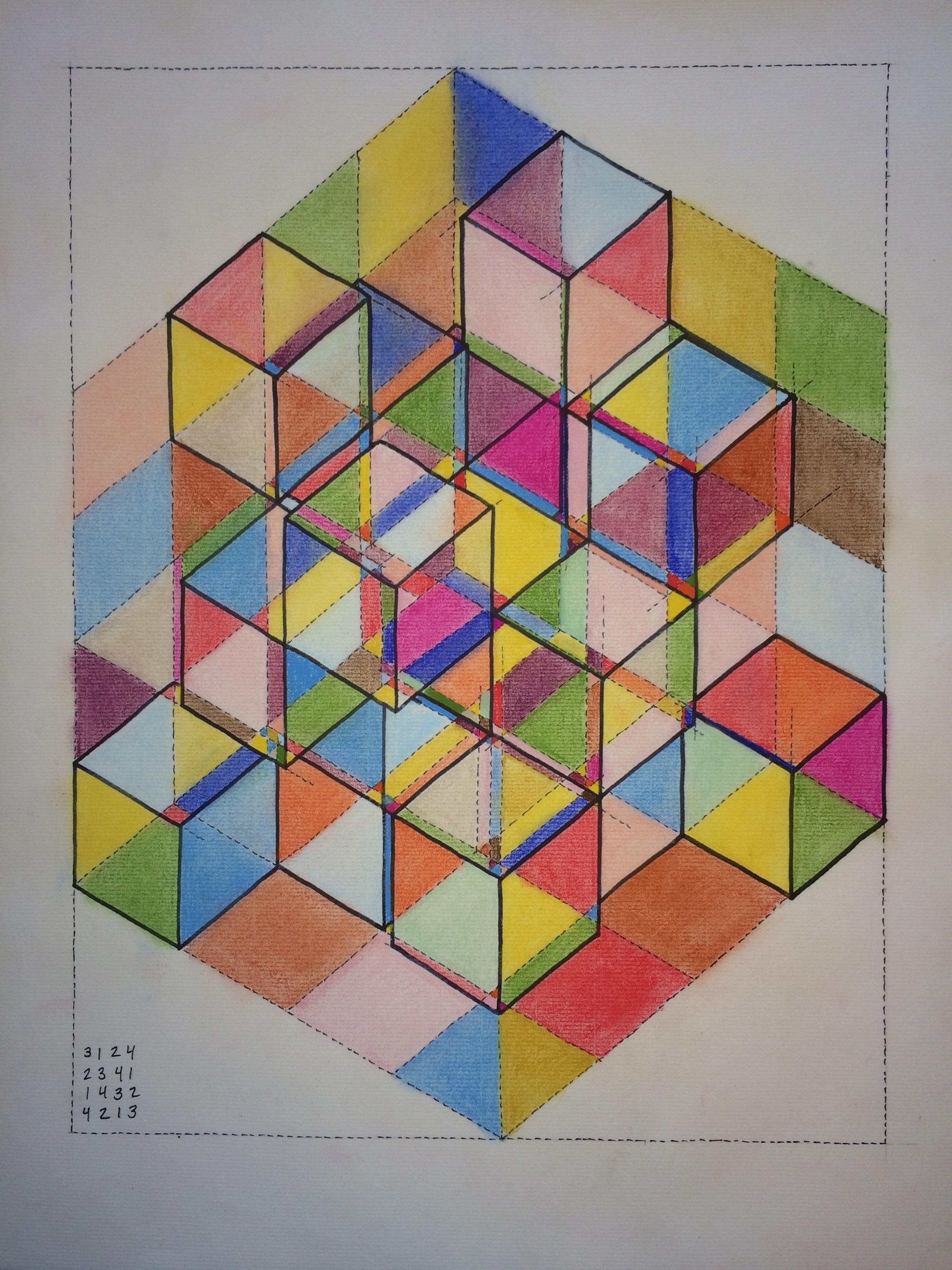 (3124,2341,1432,4213), Sharpie and Pastel Pencil on Paper, 24" x 36" Art