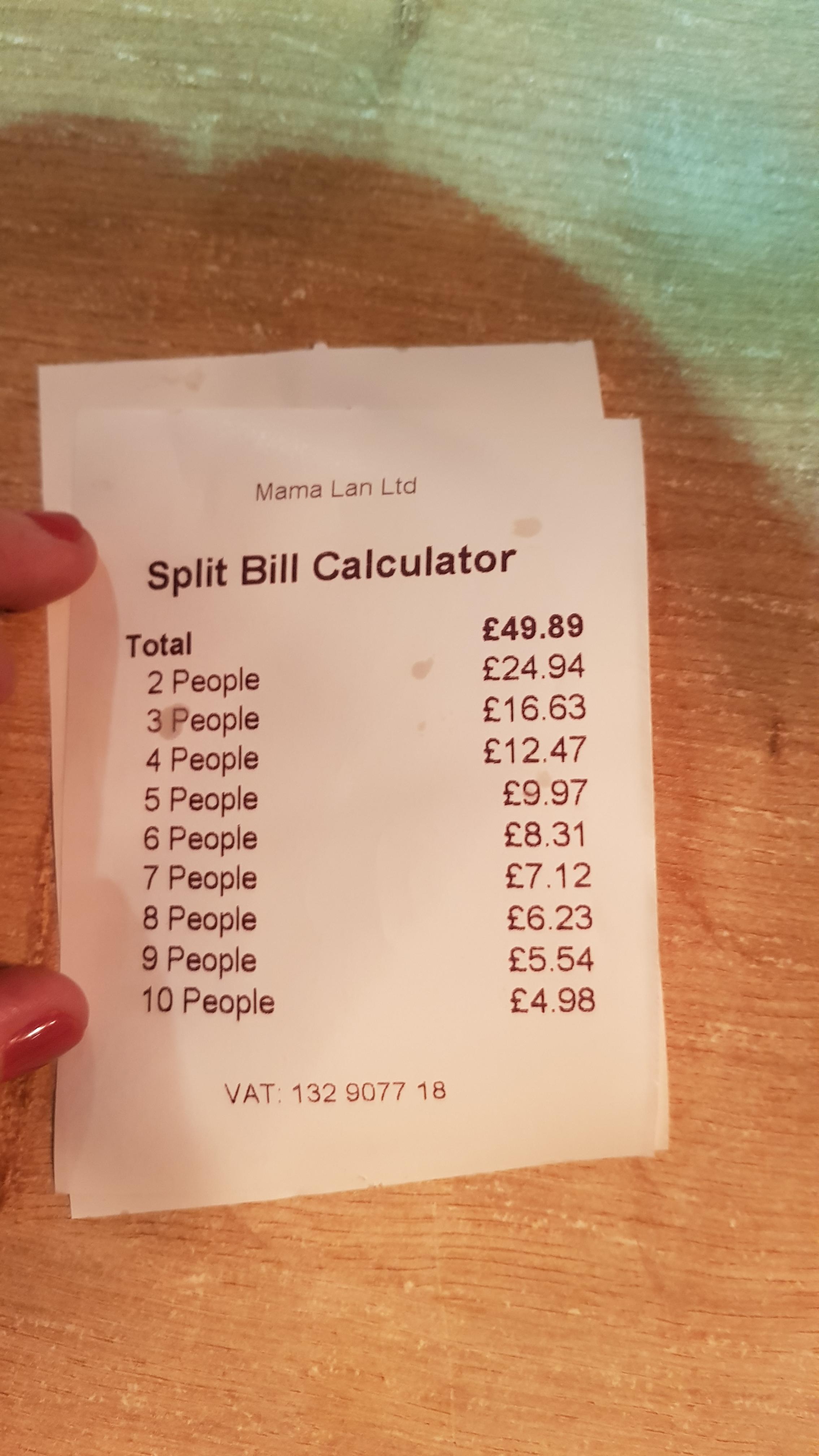 My local restaurant provides a handy receipt for splitting the bill r