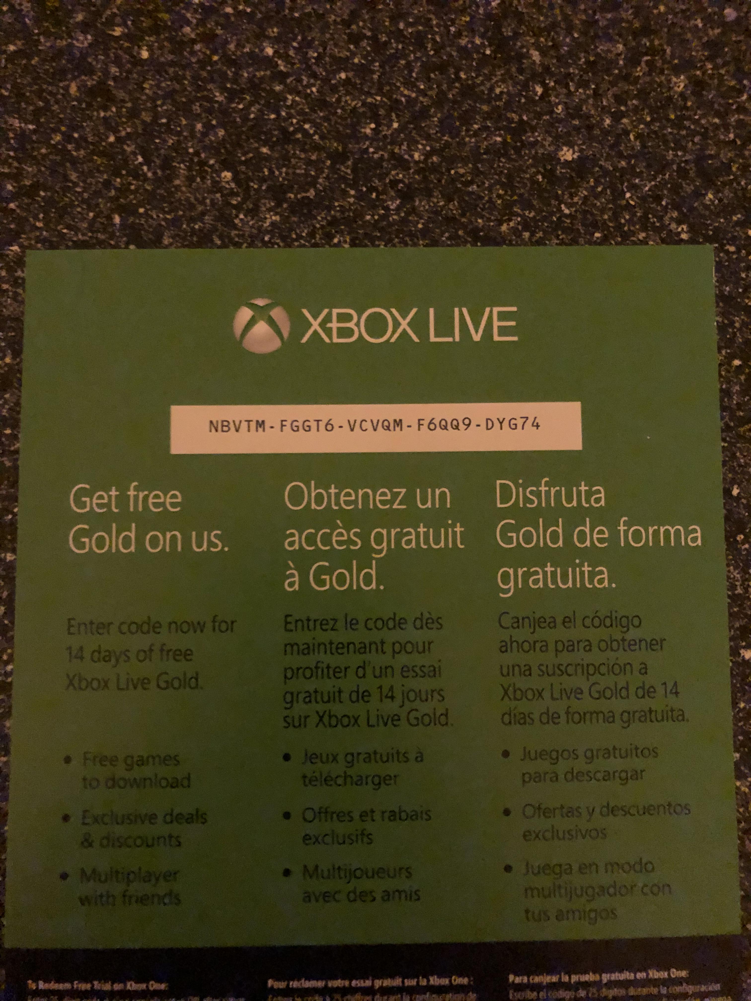 14 day code for Xbox gold, first come first serve r/xboxone