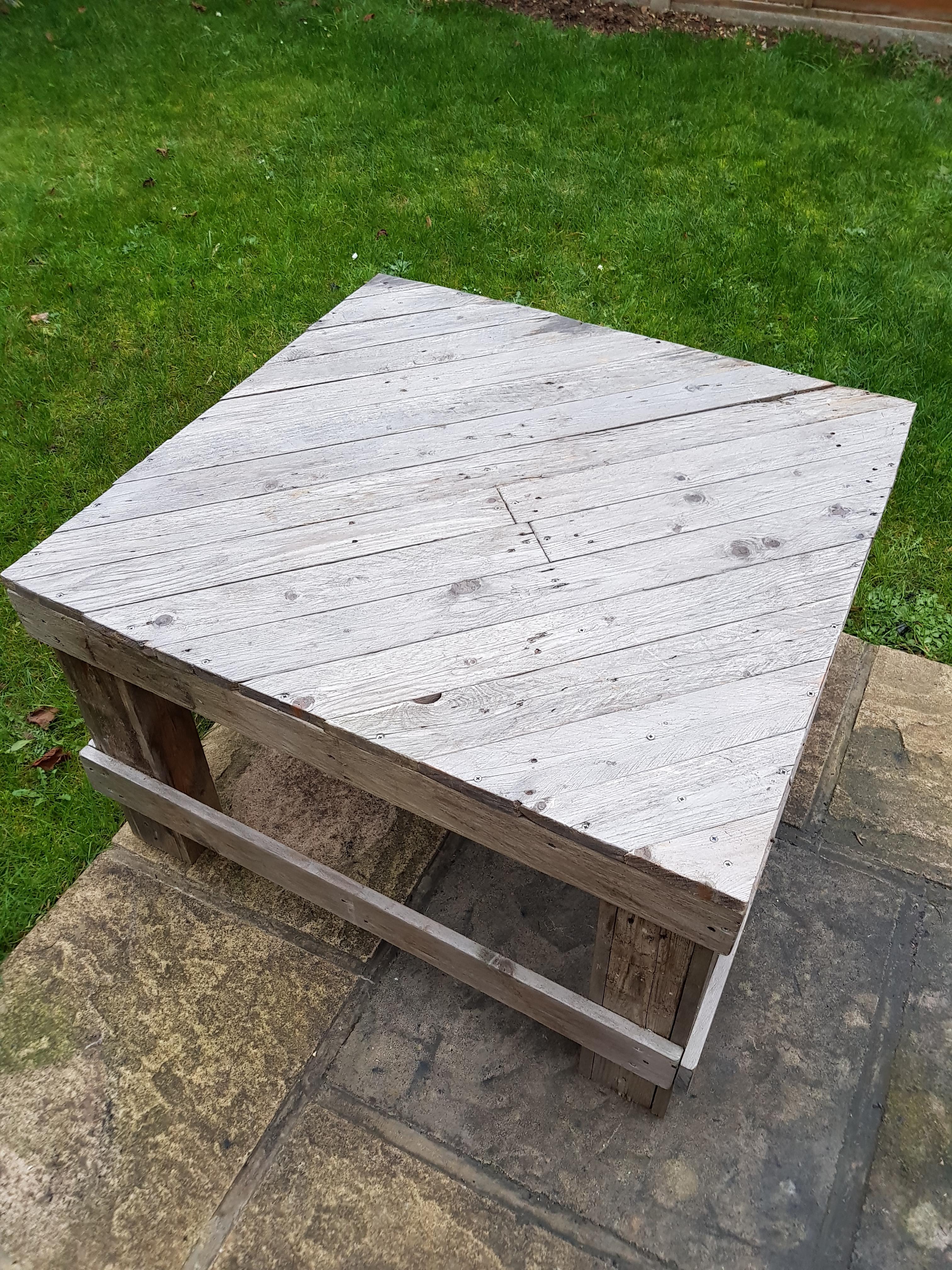 Pallet wood table I made last summer it's silvered nicely over the last