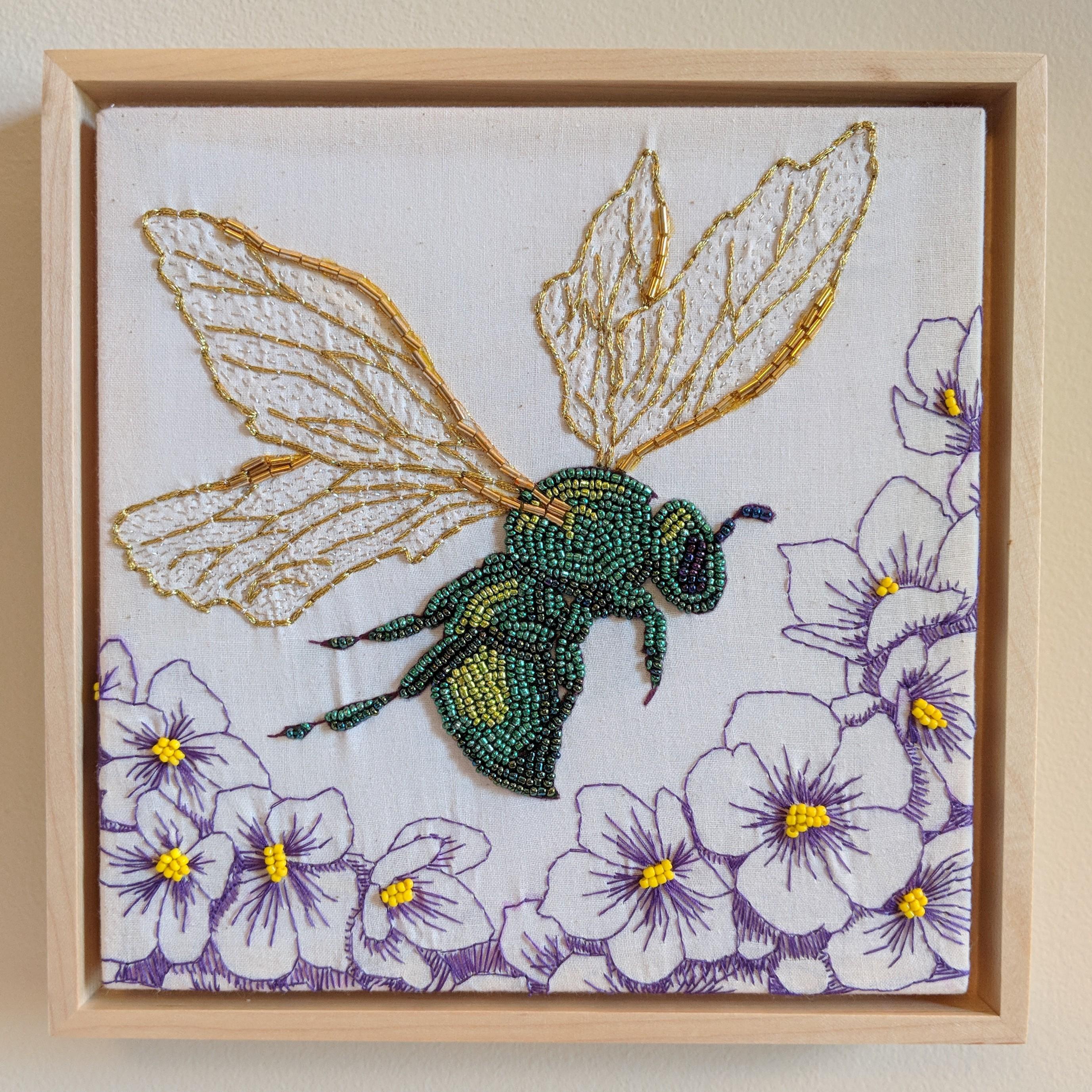 Green Bee (Revisited), mixed media embroidery, 8x8" r/Embroidery