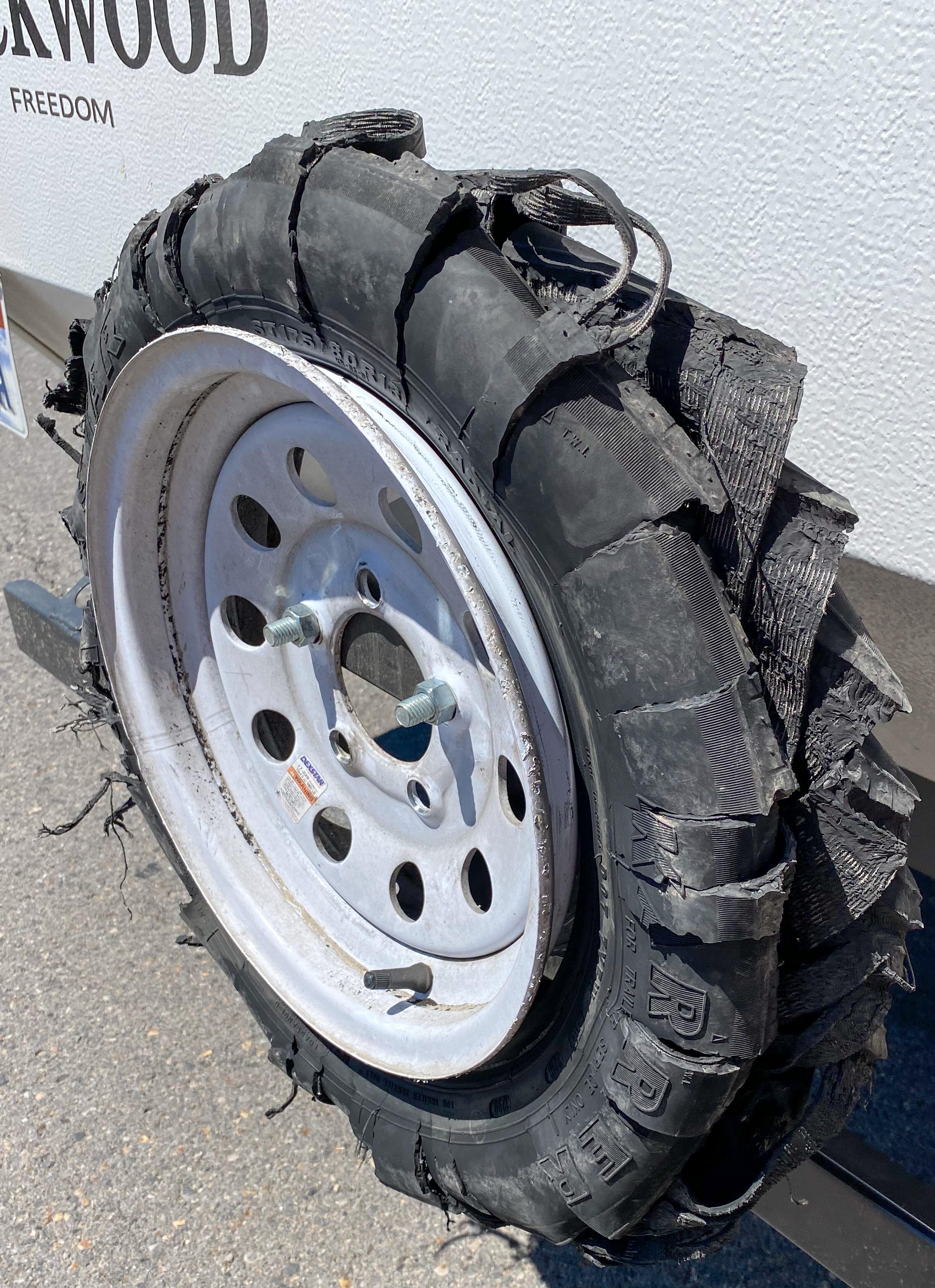 Trailer tire blowout on the freeway. It was 105 degrees and it was on