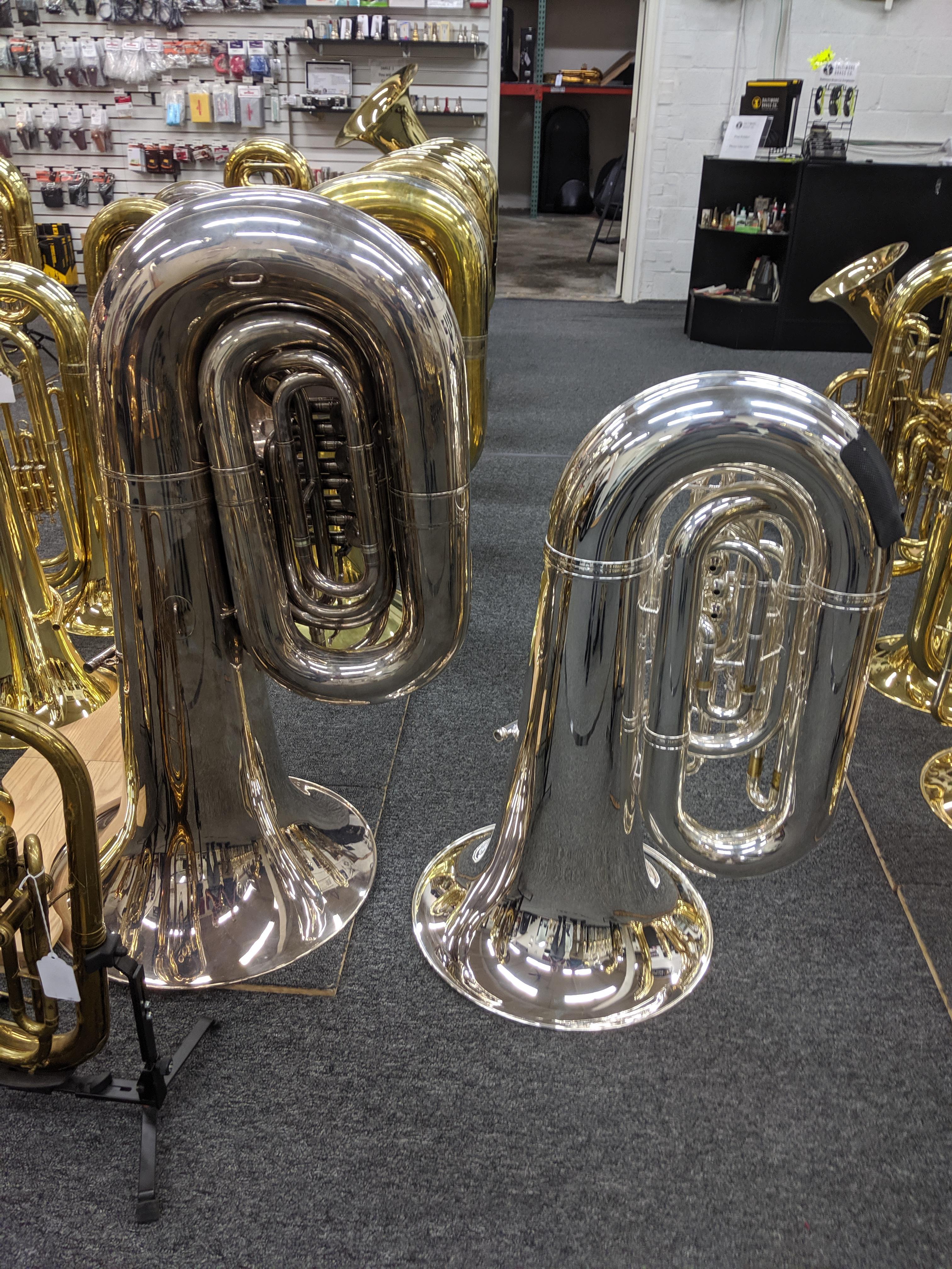 My Eastman 836 6/4 CC (right) tuba next to a Rudy Meinl 6/4 BBb (left