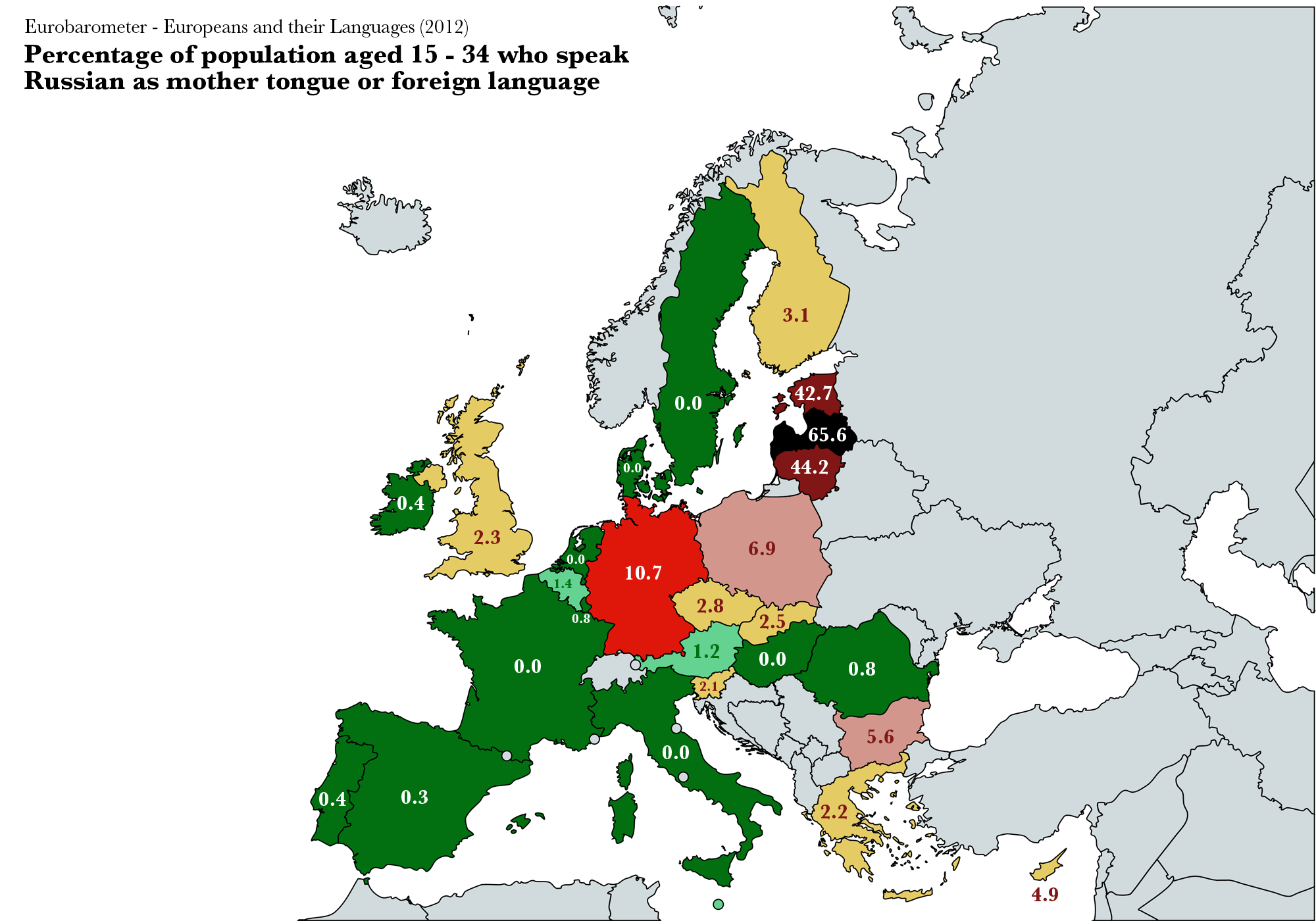 Map Percentage of EU population aged 1534 years who speak Russian r