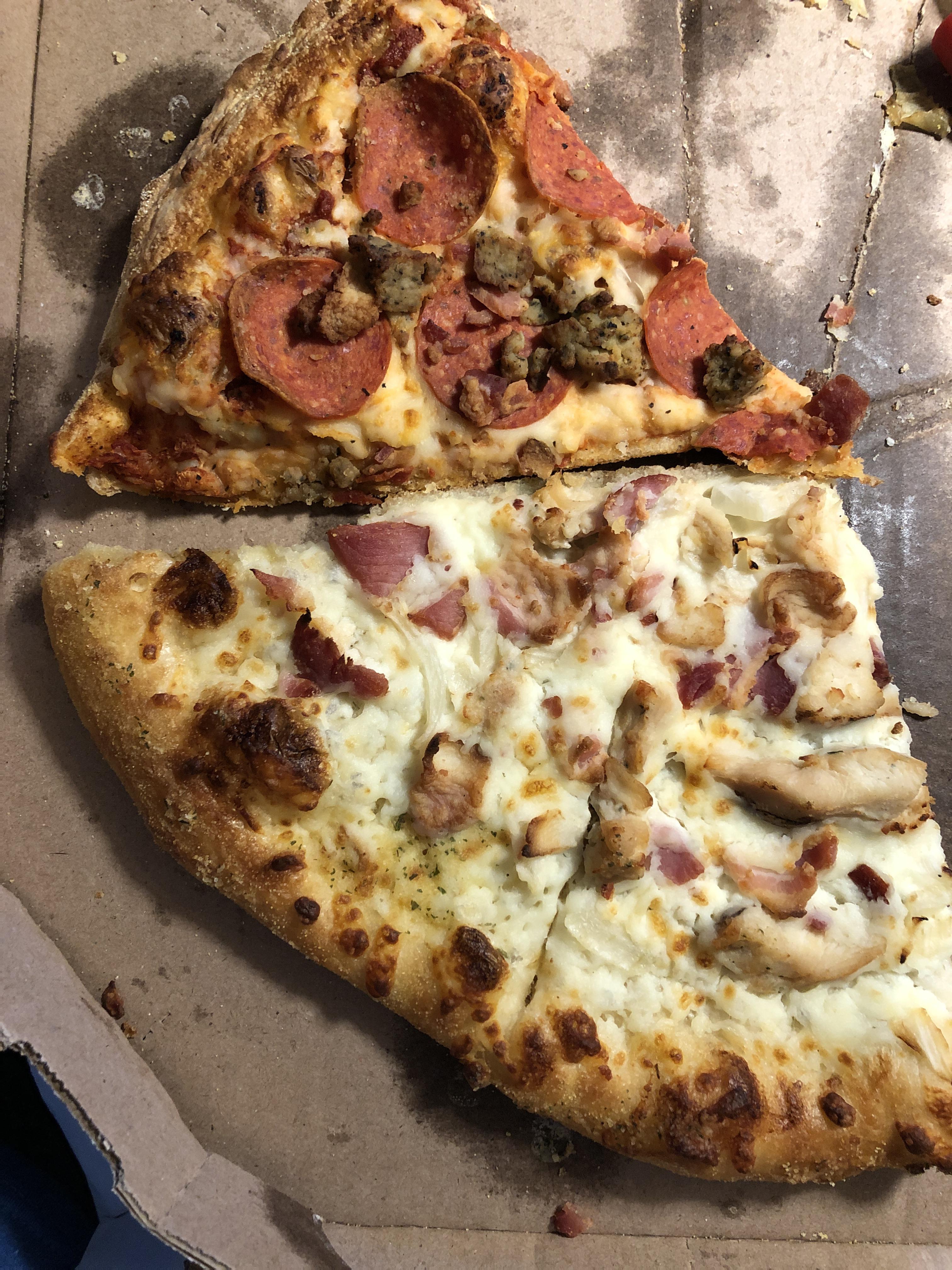 (14”) Dominos pizza. 1 slice bacon,pepperoni,sausage. The other 2