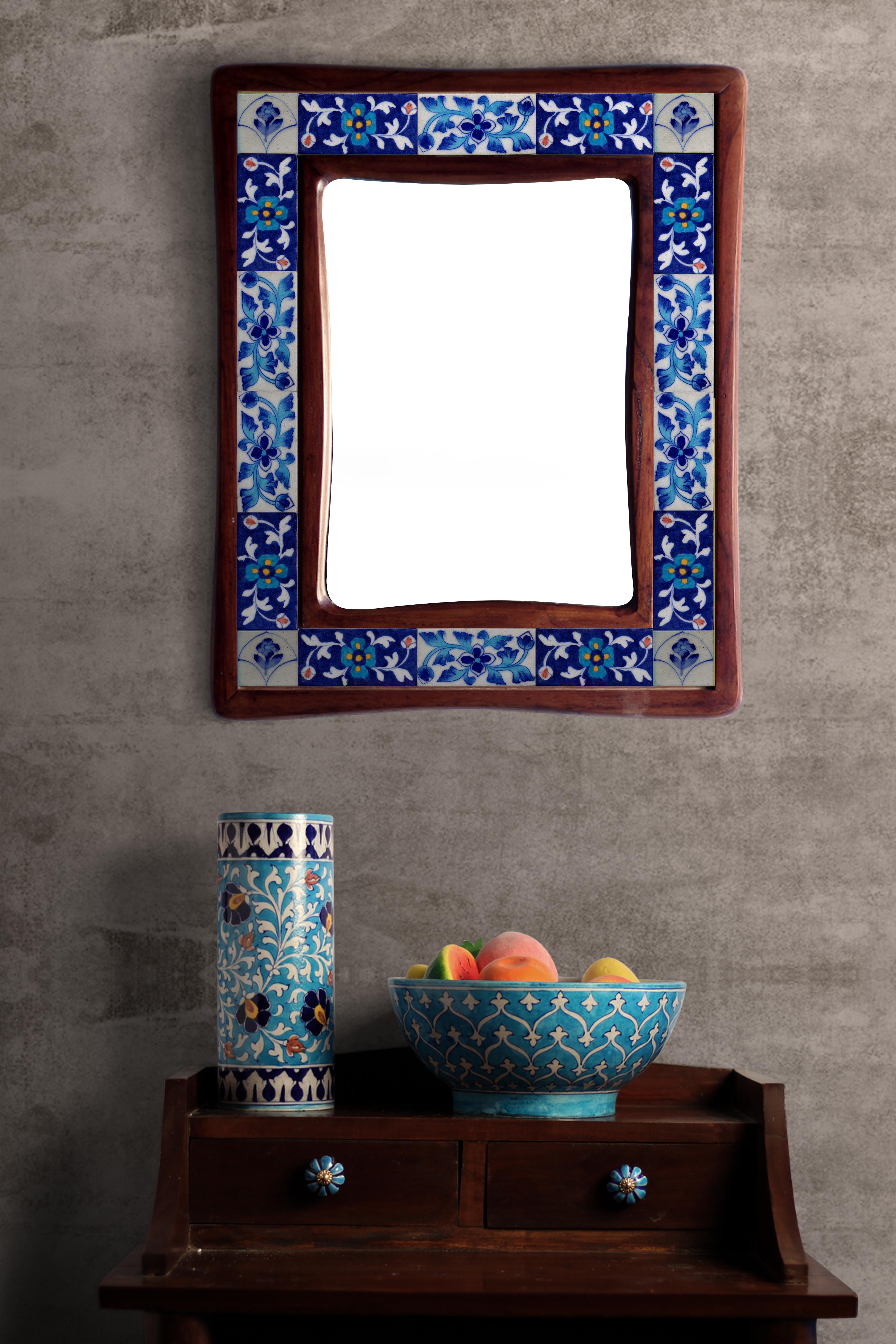 Handmade Blue and White Blue Pottery Tile Wooden Mirror