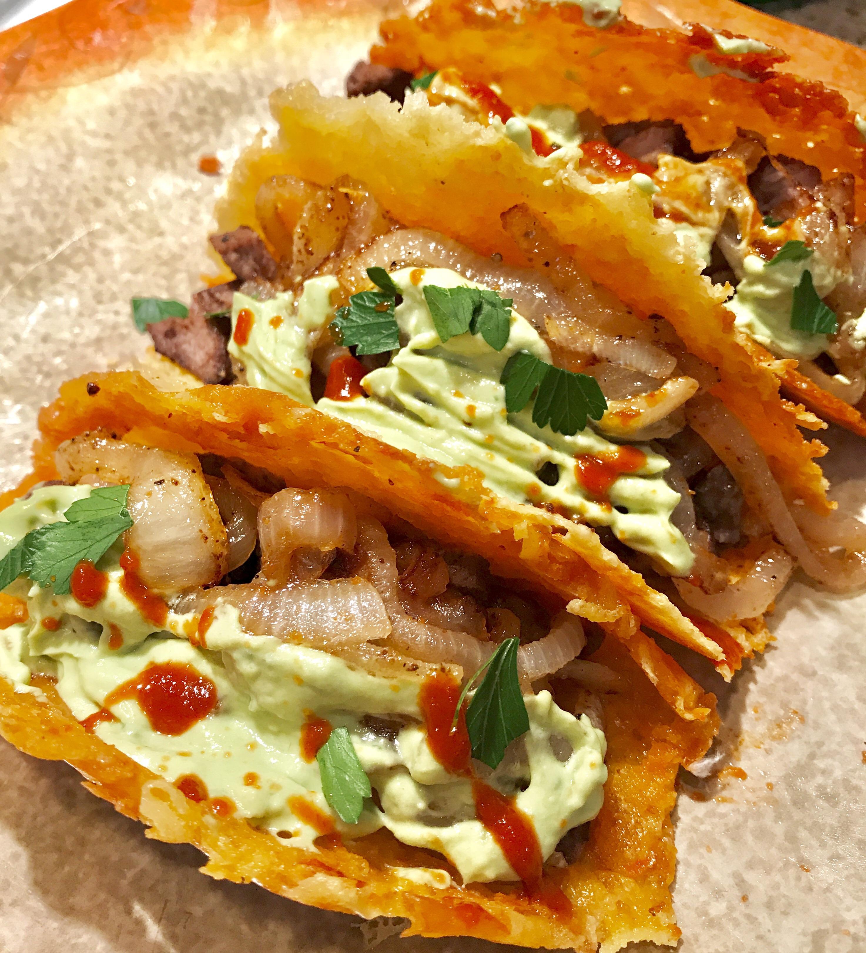 My take on the cheese shell tacos chopped steak, caramelized onions