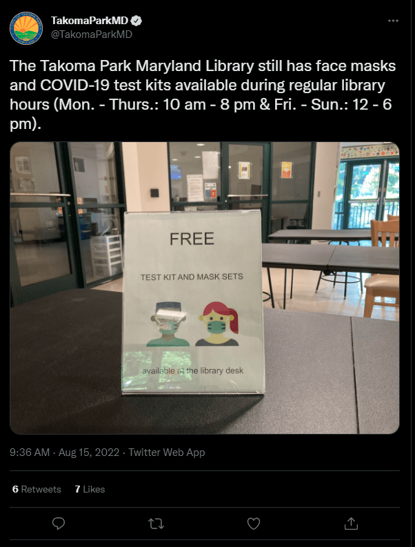 Takoma Park MD Library still has face masks and COVID19 Test kits