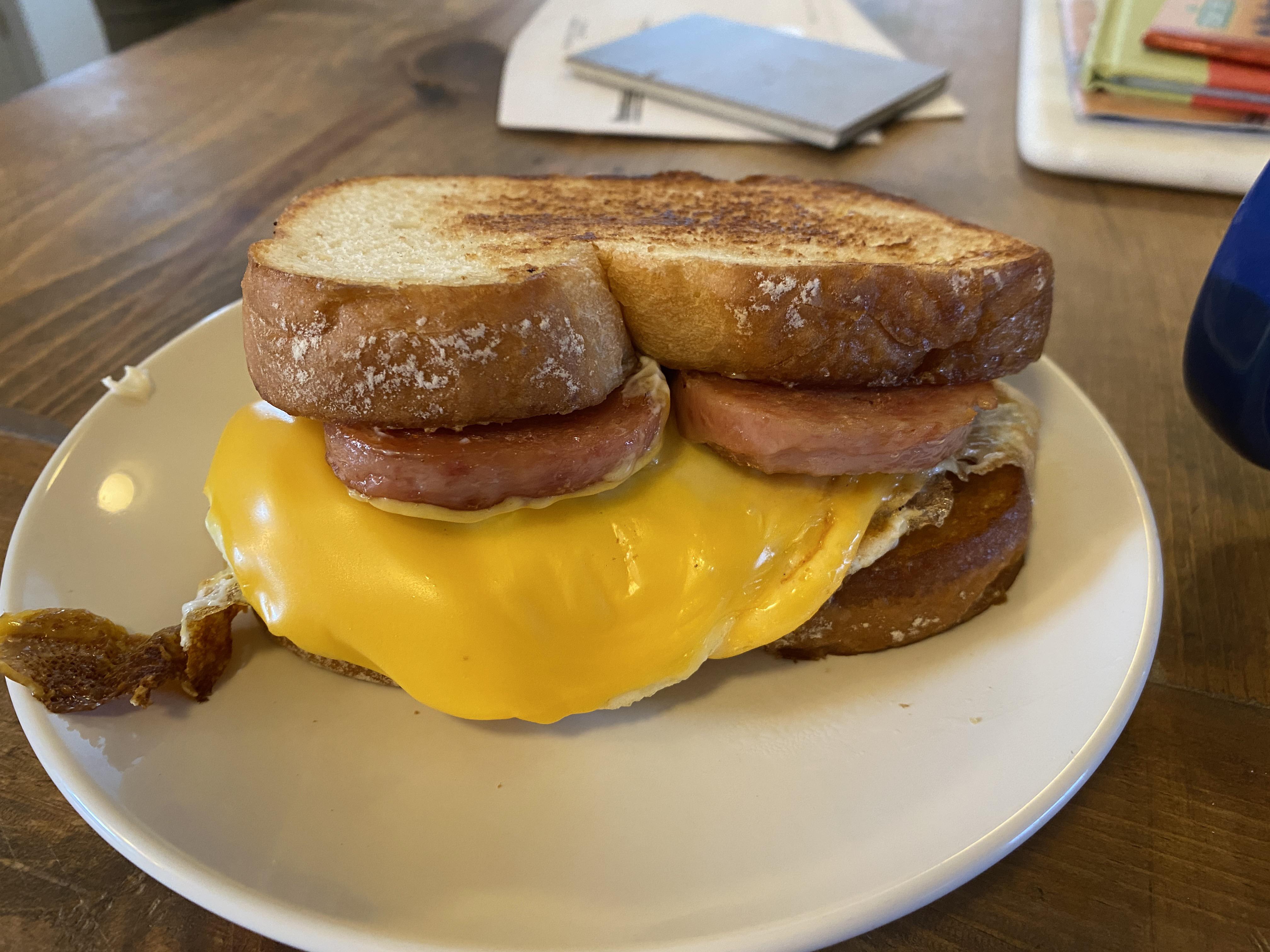 Spam, over easy egg and cheese. My wife said “You should post that to
