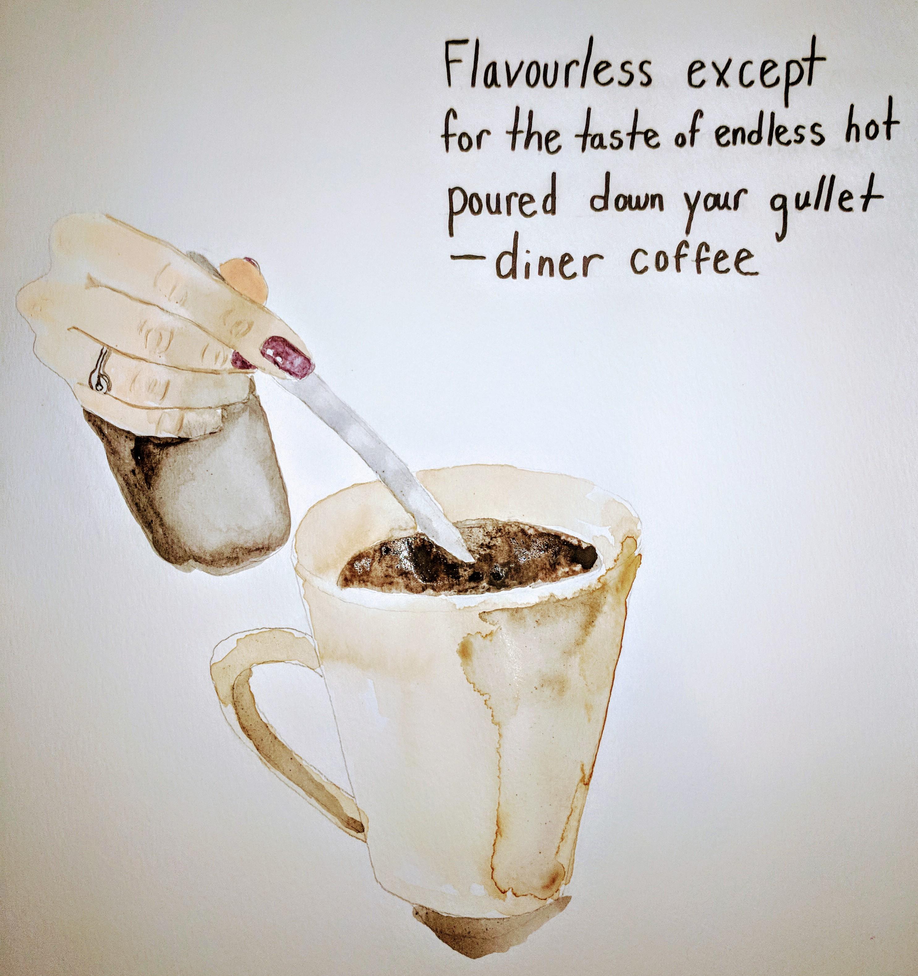 Diner Coffee, coffee, pen, and watercolour, 12''x12'' r/Art