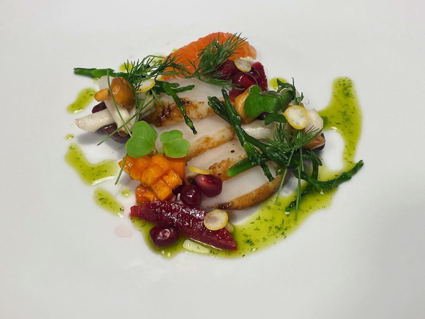 Scallop crudo w/ sea beans, persimmon, dill oil, blood orange, and