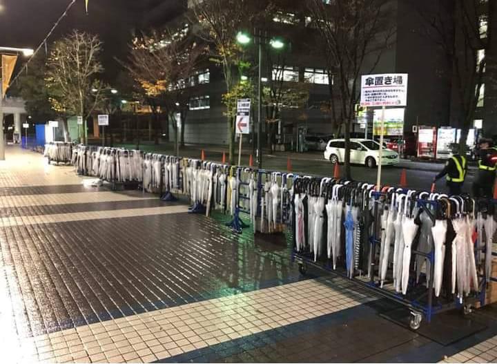 In Japan, there are special umbrella stands on the streets, for when it