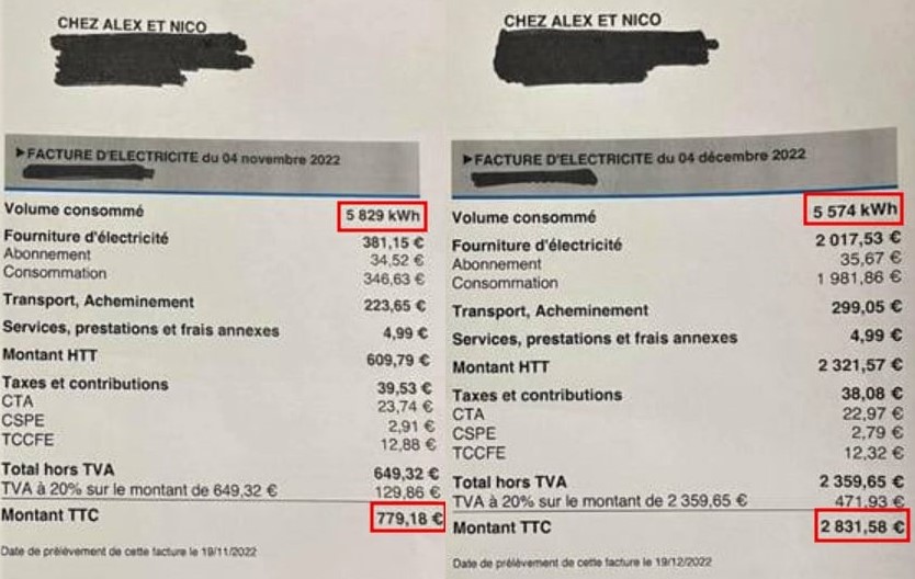 Electricity bill for a small bakery in France from November to December