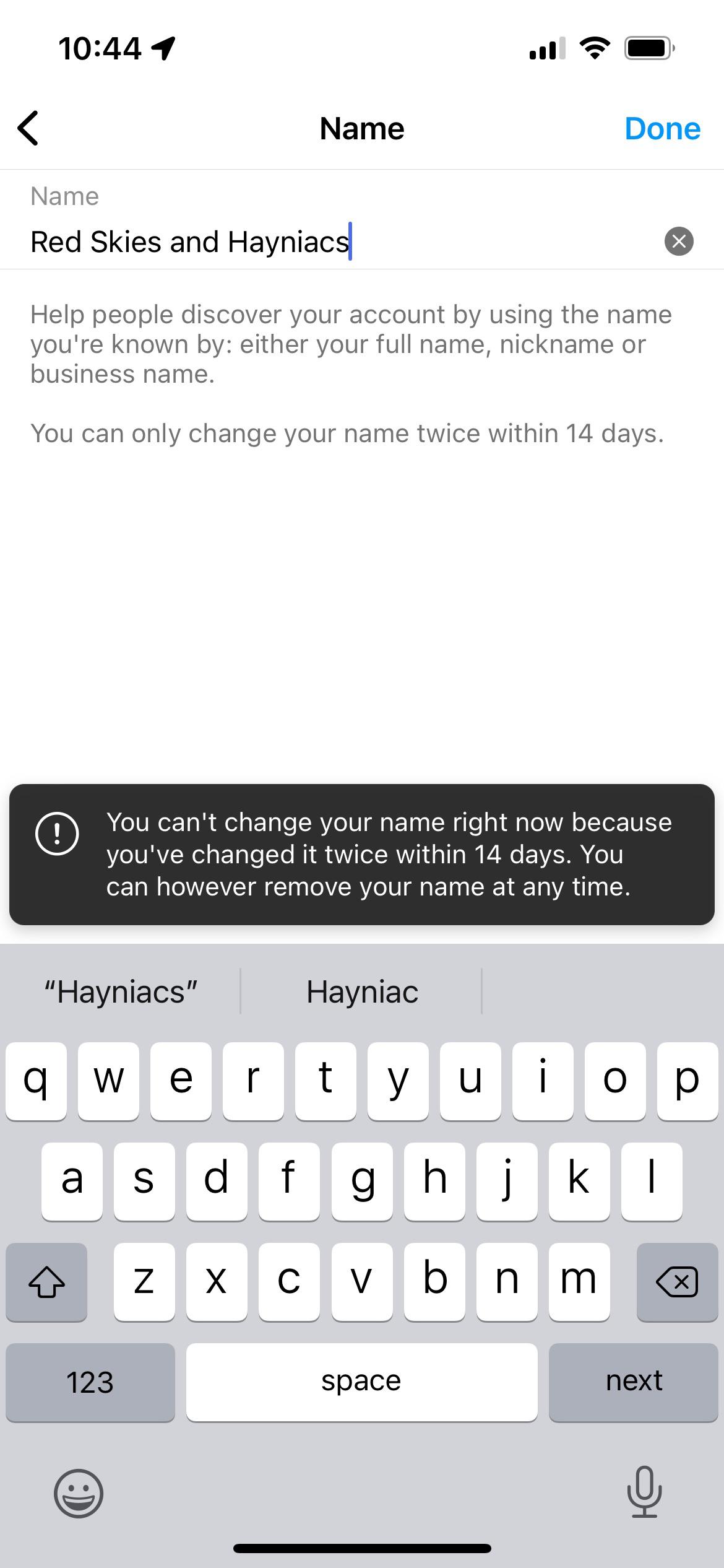 Instagram won’t let me change my name because I changed it twice within