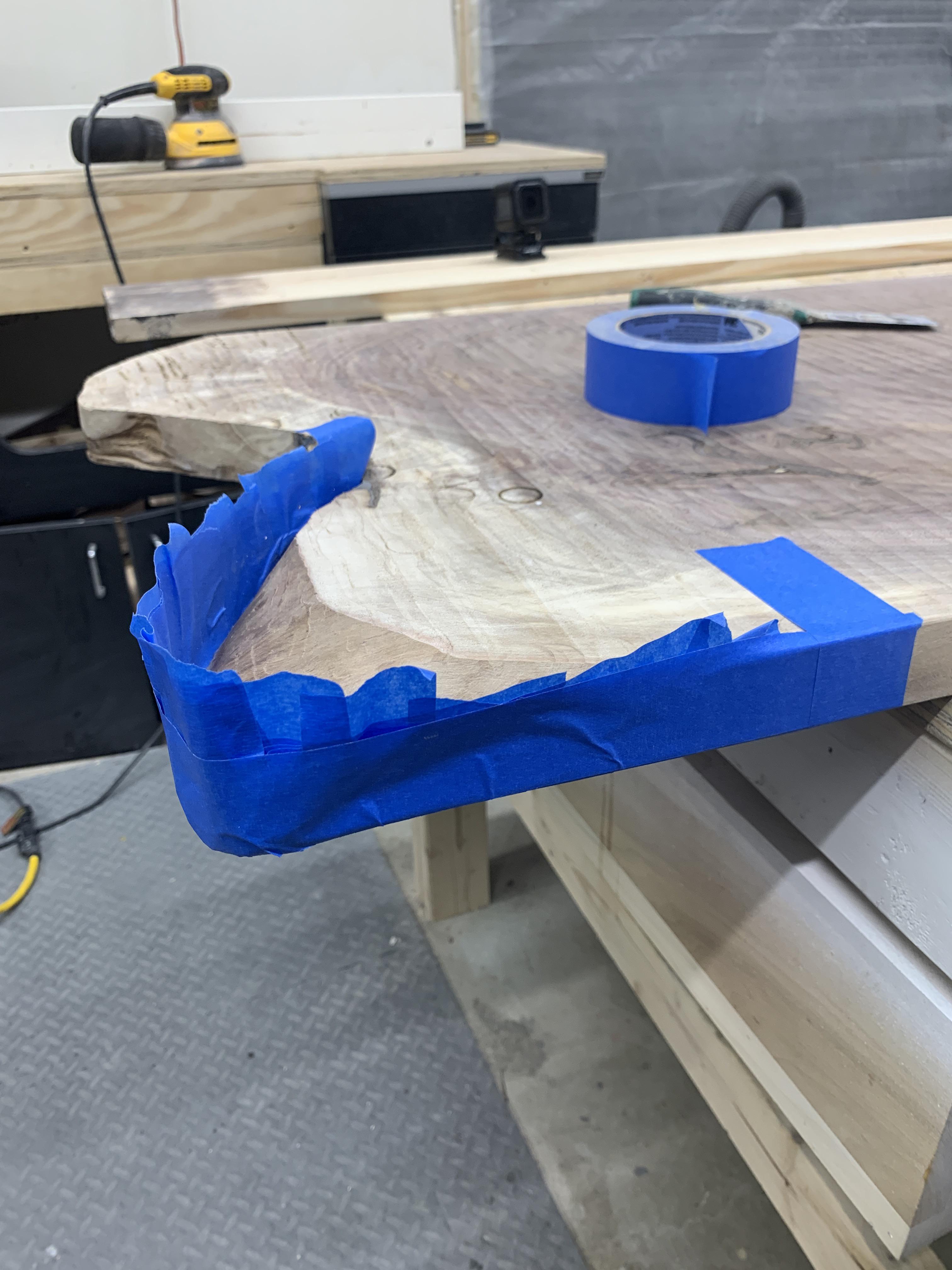 Blue painters tape works well for odd epoxy pours. r/woodworking