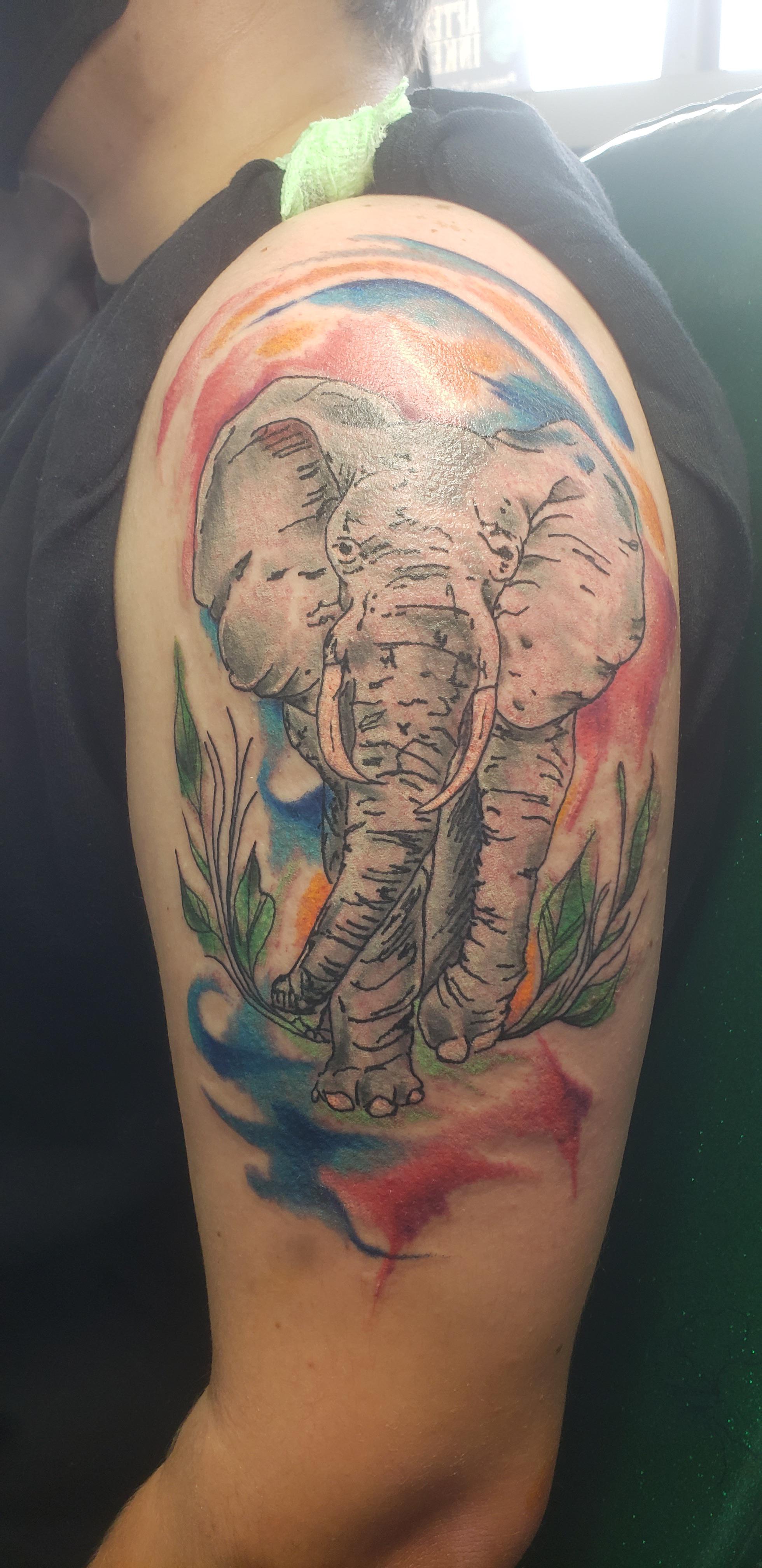 Realistic Color Elephant Tattoo